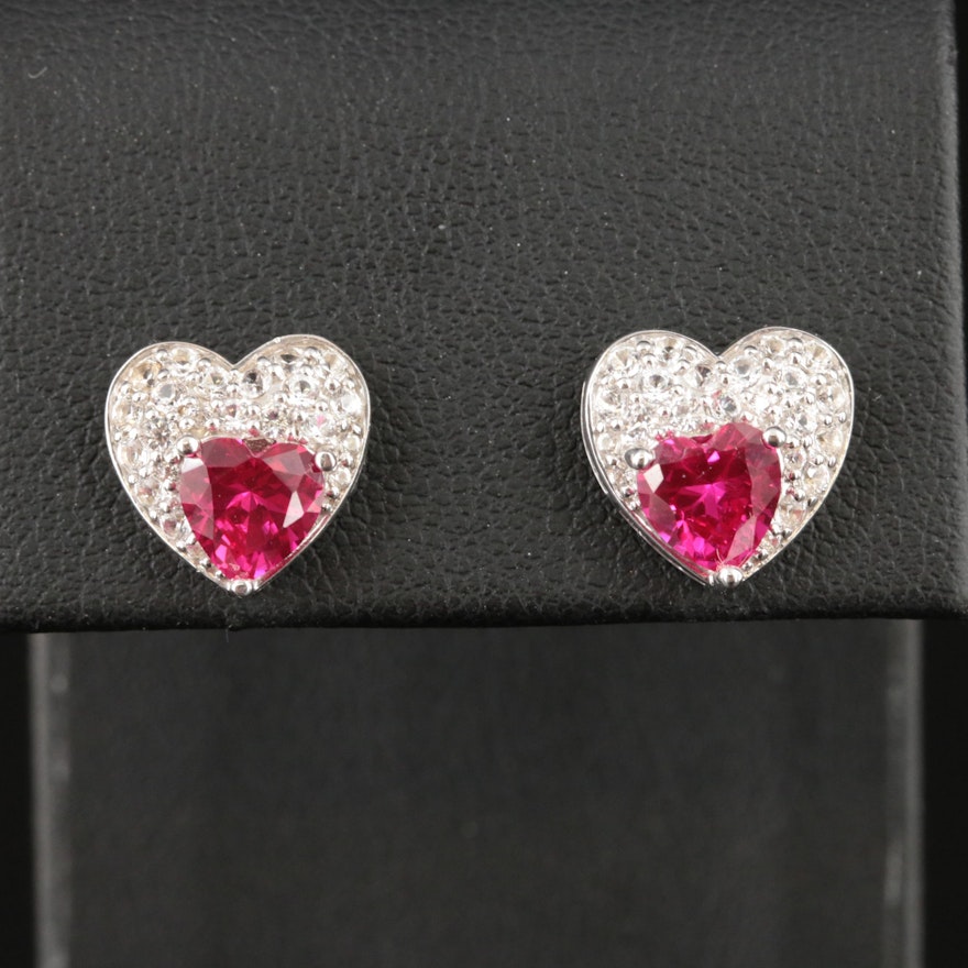 Sterling Ruby and White Sapphire Heart Earrings