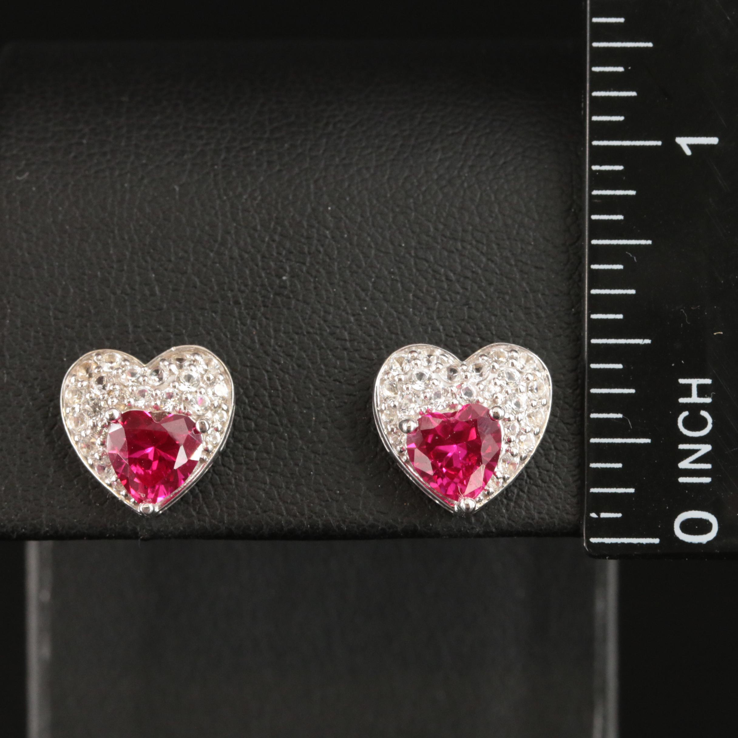 Sterling Ruby and White Sapphire Heart Earrings