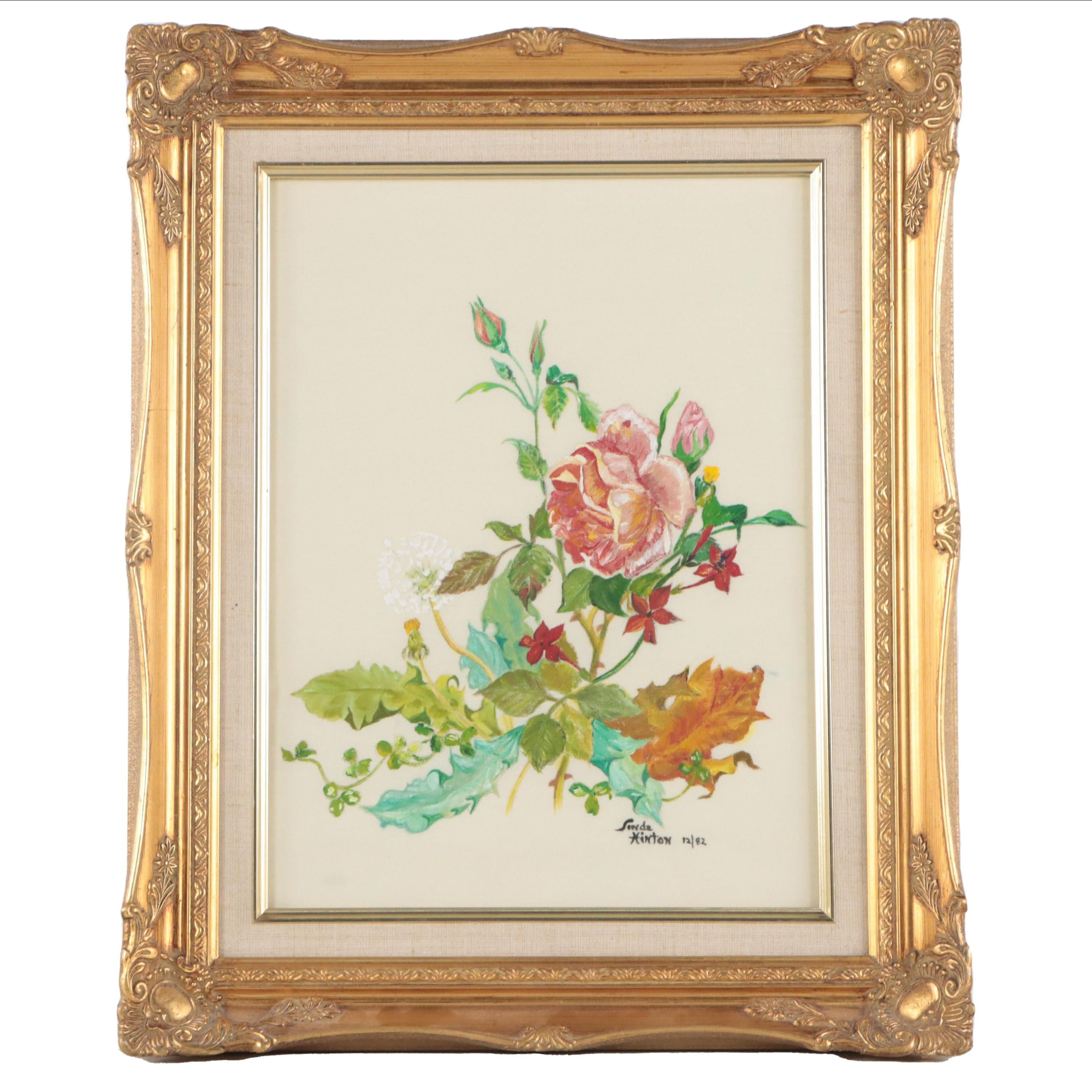 Linda Hinton Floral Scene Acrylic Painting, 1982