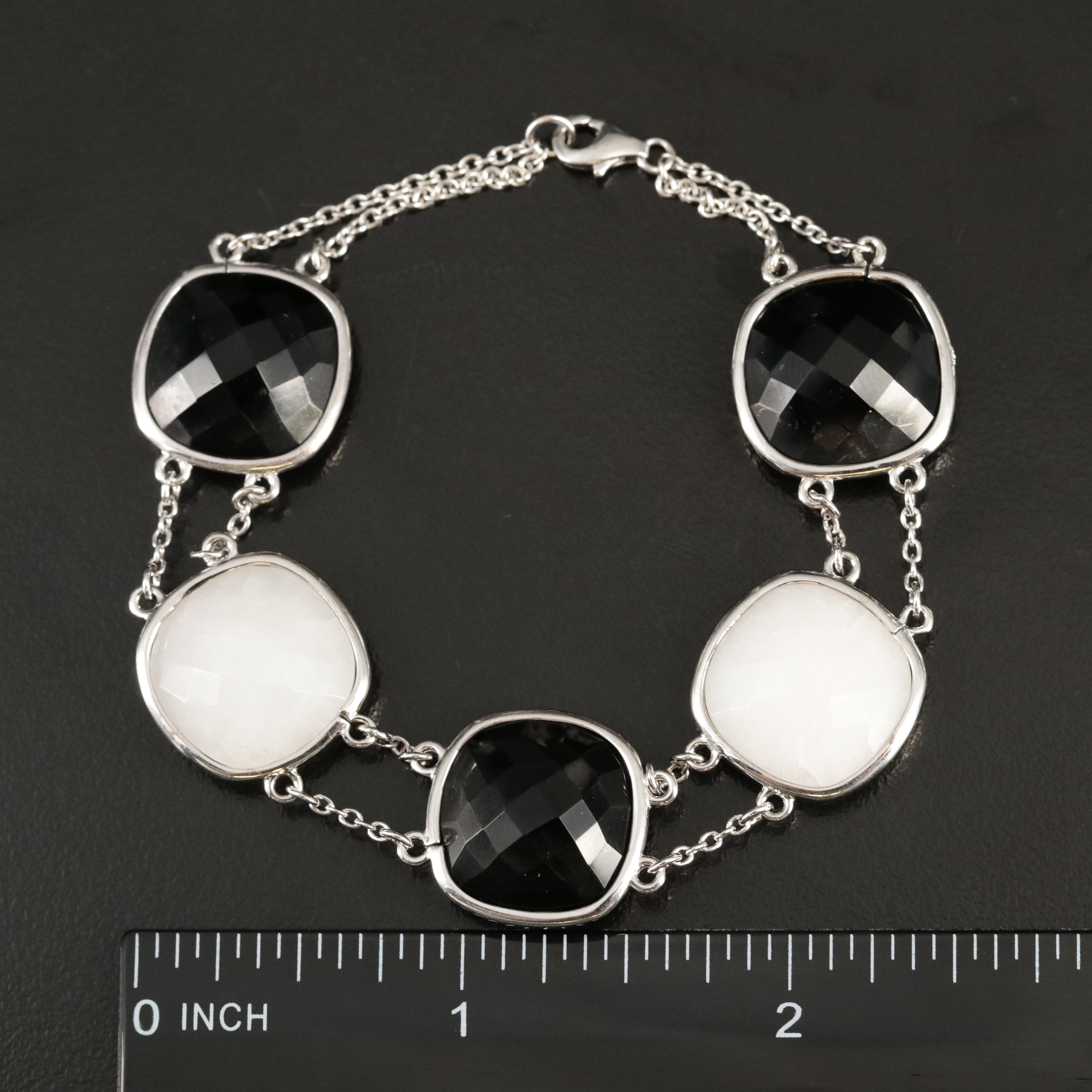 Sterling Black Onyx and Quartz Station Bracelet