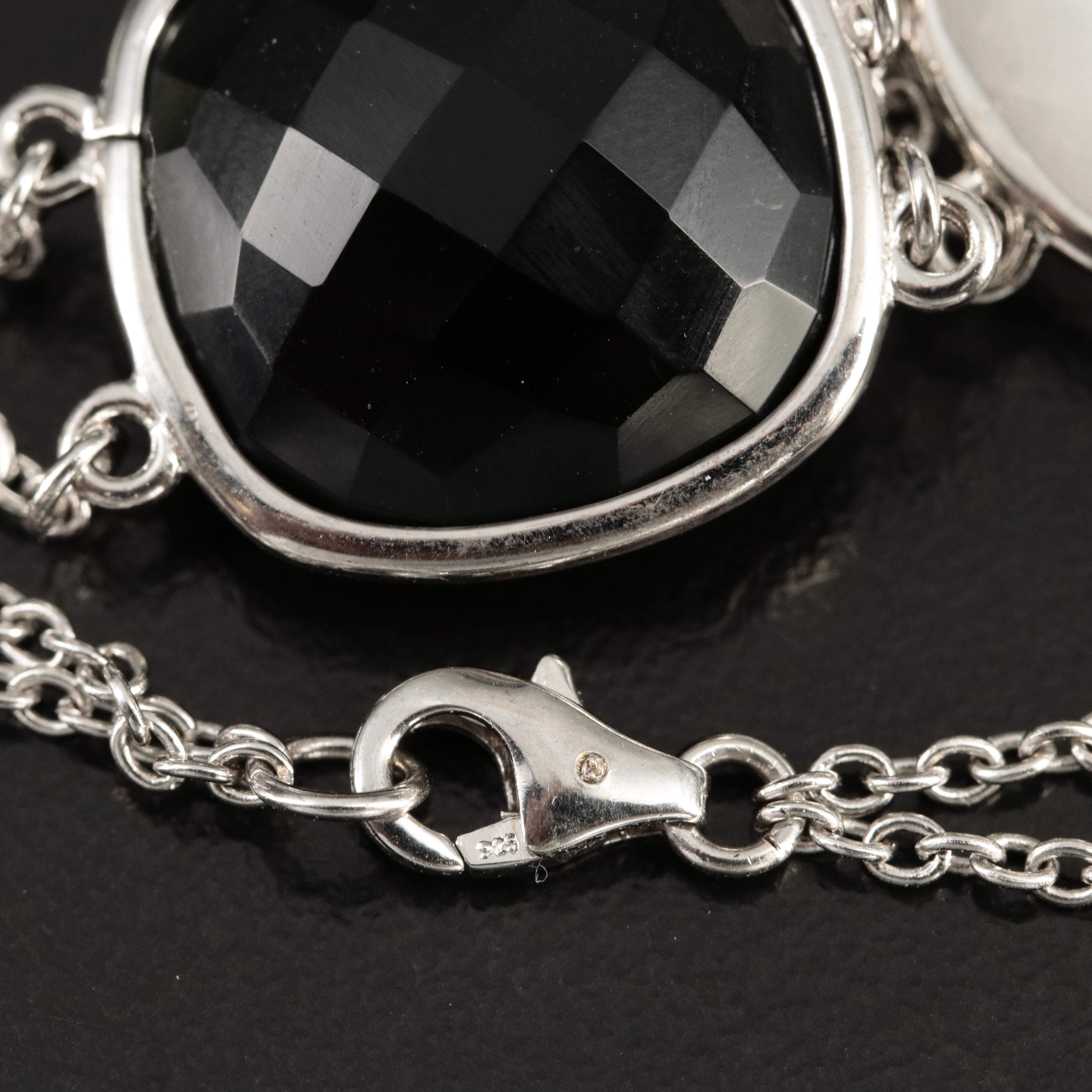 Sterling Black Onyx and Quartz Station Bracelet