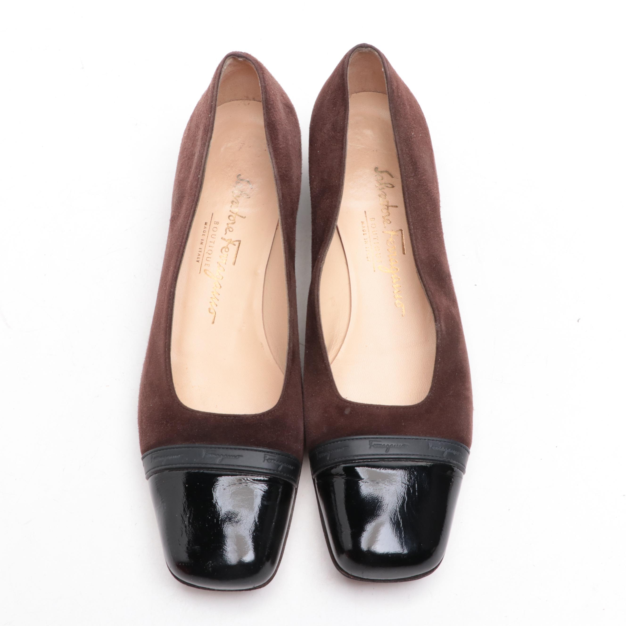 Salvatore Ferragamo Brown Suede and Black Patent/Leather Cap Toe Block Heels