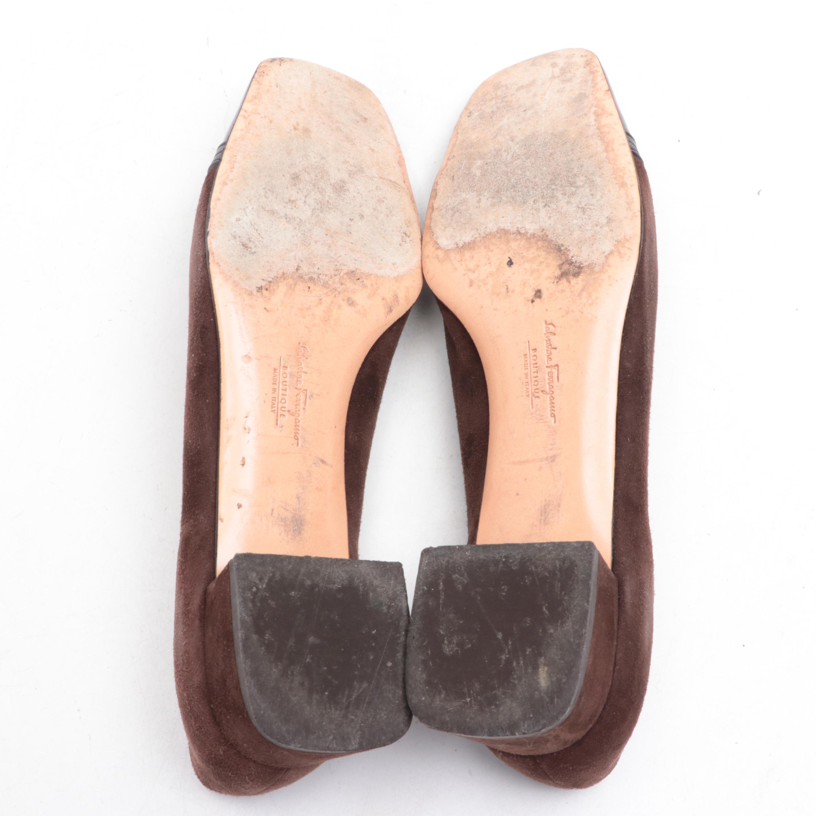 Salvatore Ferragamo Brown Suede and Black Patent/Leather Cap Toe Block Heels