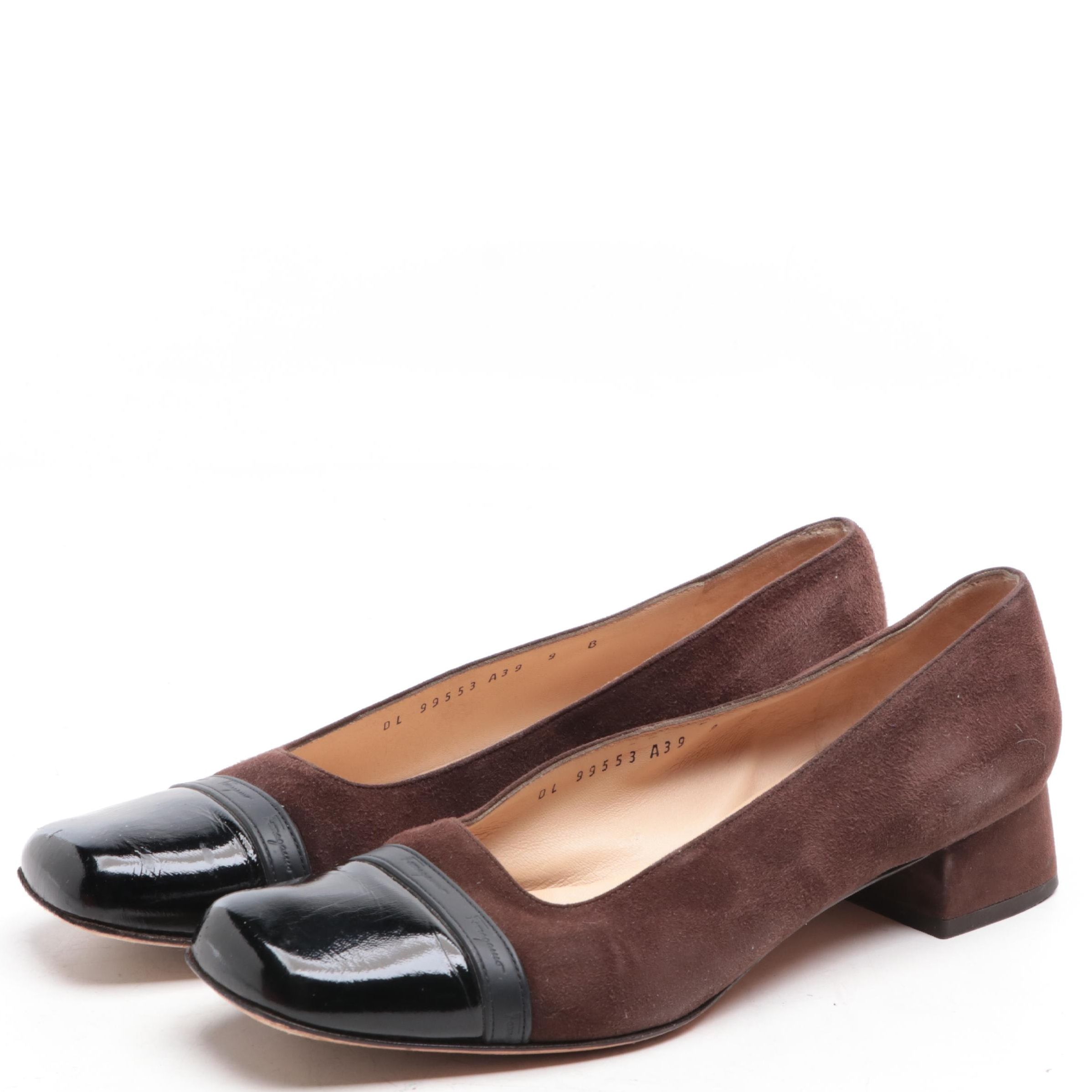 Salvatore Ferragamo Brown Suede and Black Patent/Leather Cap Toe Block Heels