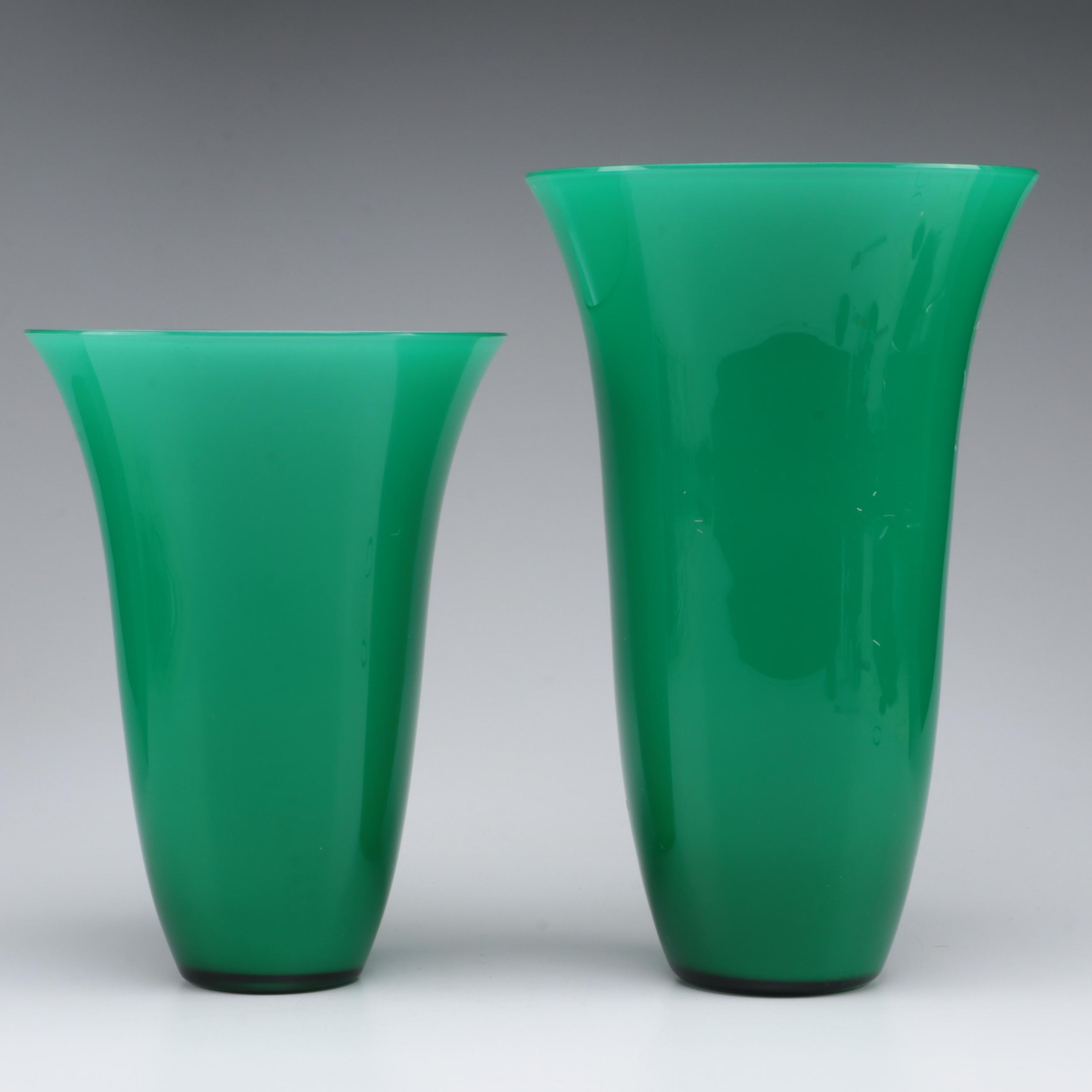 Pair of A.V. Mazzega Murano Cased Green Glass Vases