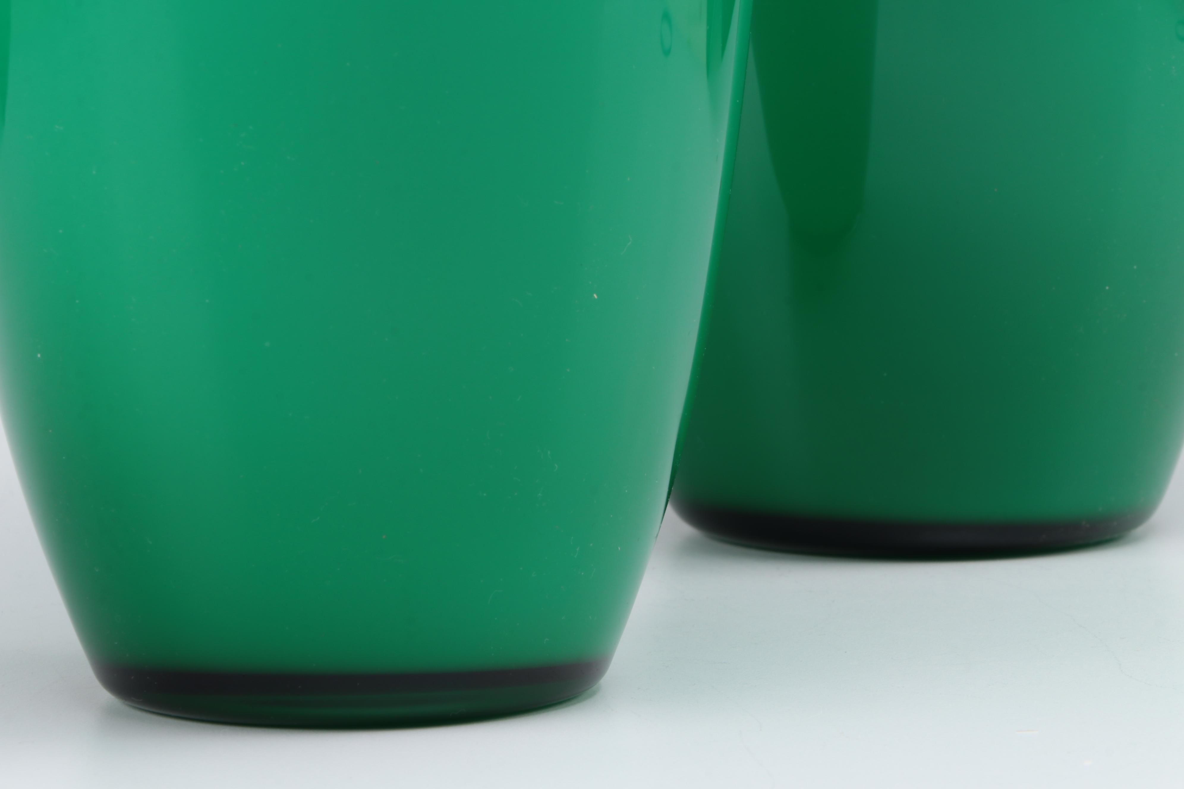 Pair of A.V. Mazzega Murano Cased Green Glass Vases