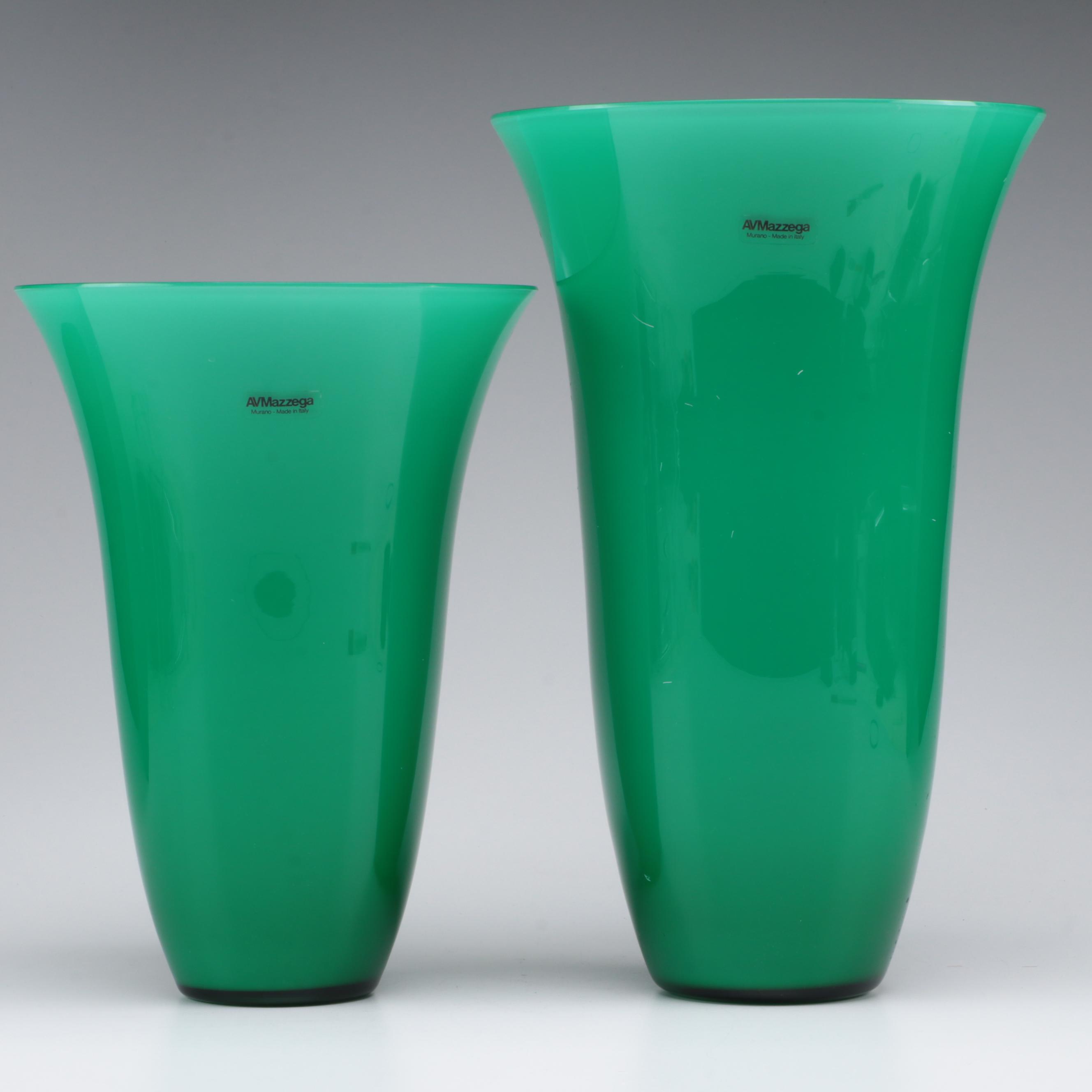 Pair of A.V. Mazzega Murano Cased Green Glass Vases