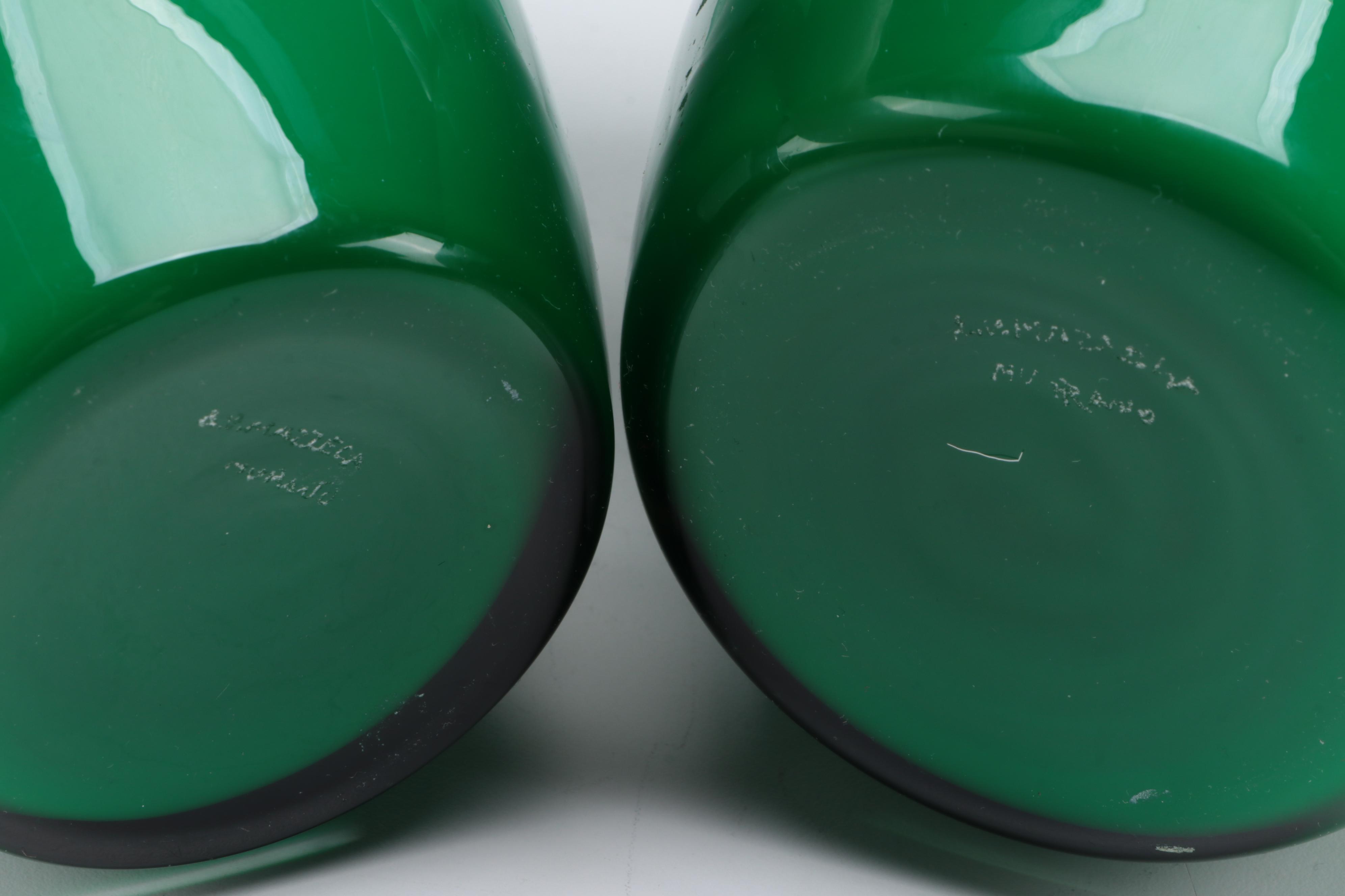 Pair of A.V. Mazzega Murano Cased Green Glass Vases