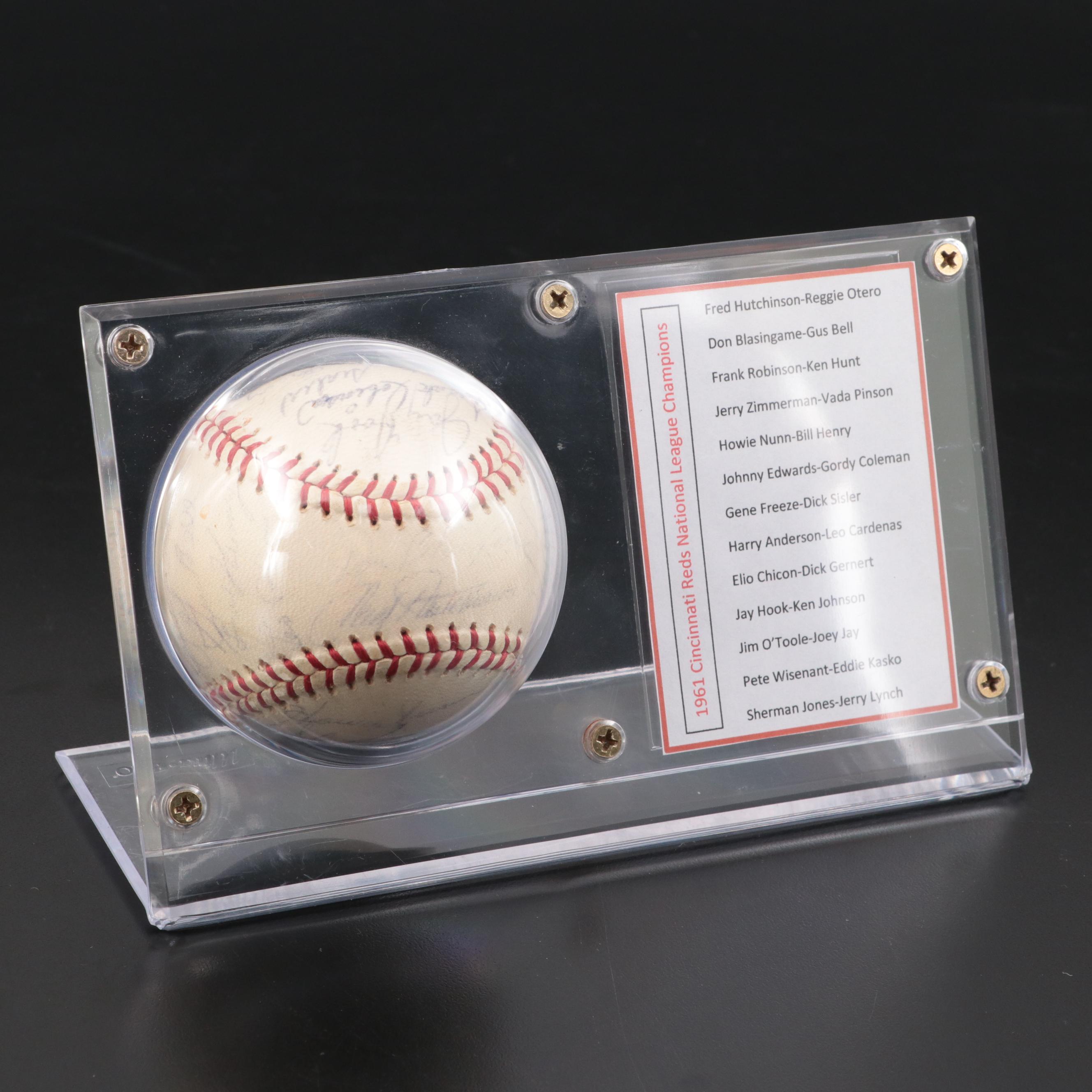 1961 Cincinnati Reds Signed Baseball in Display with Robinson, Pinson, More