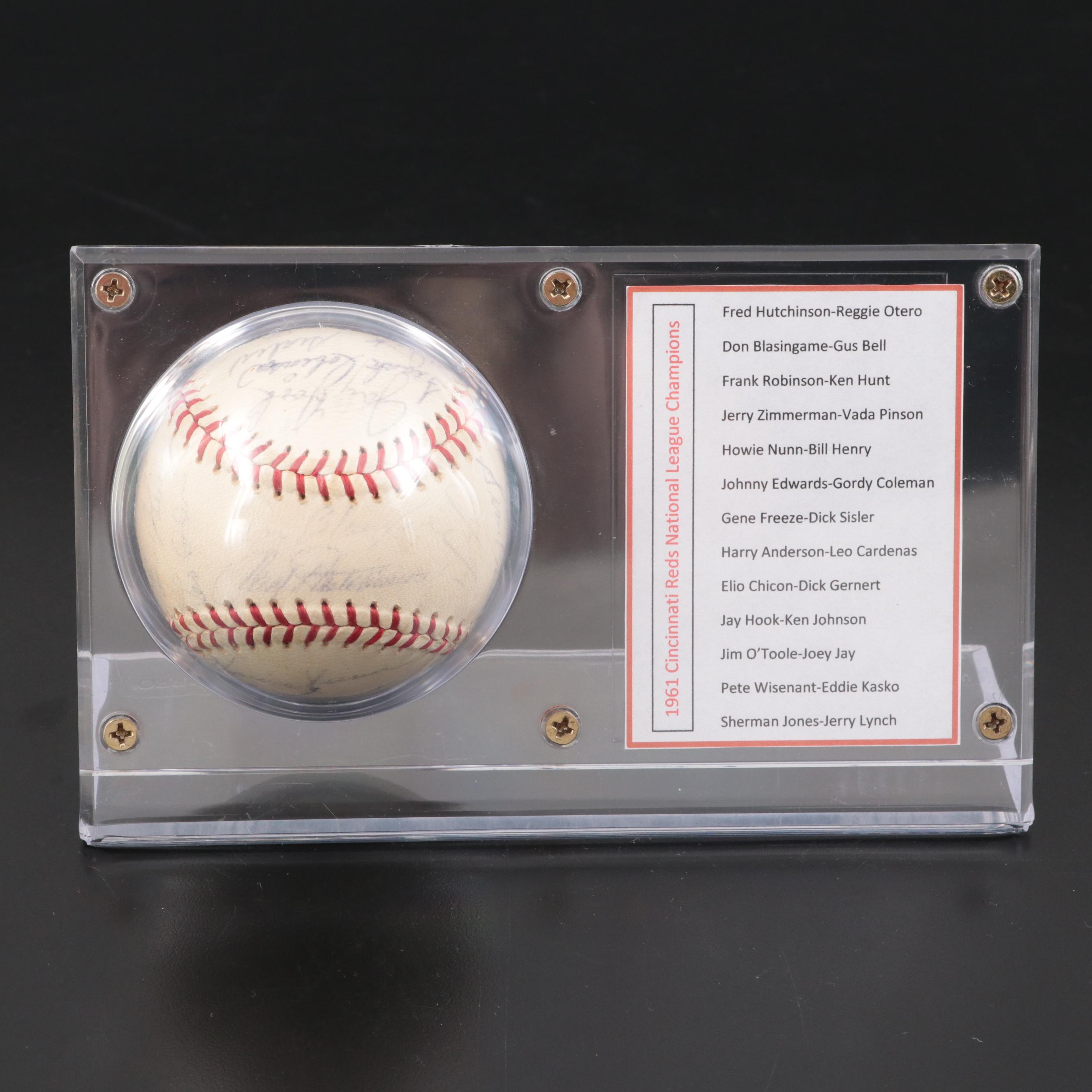 1961 Cincinnati Reds Signed Baseball in Display with Robinson, Pinson, More