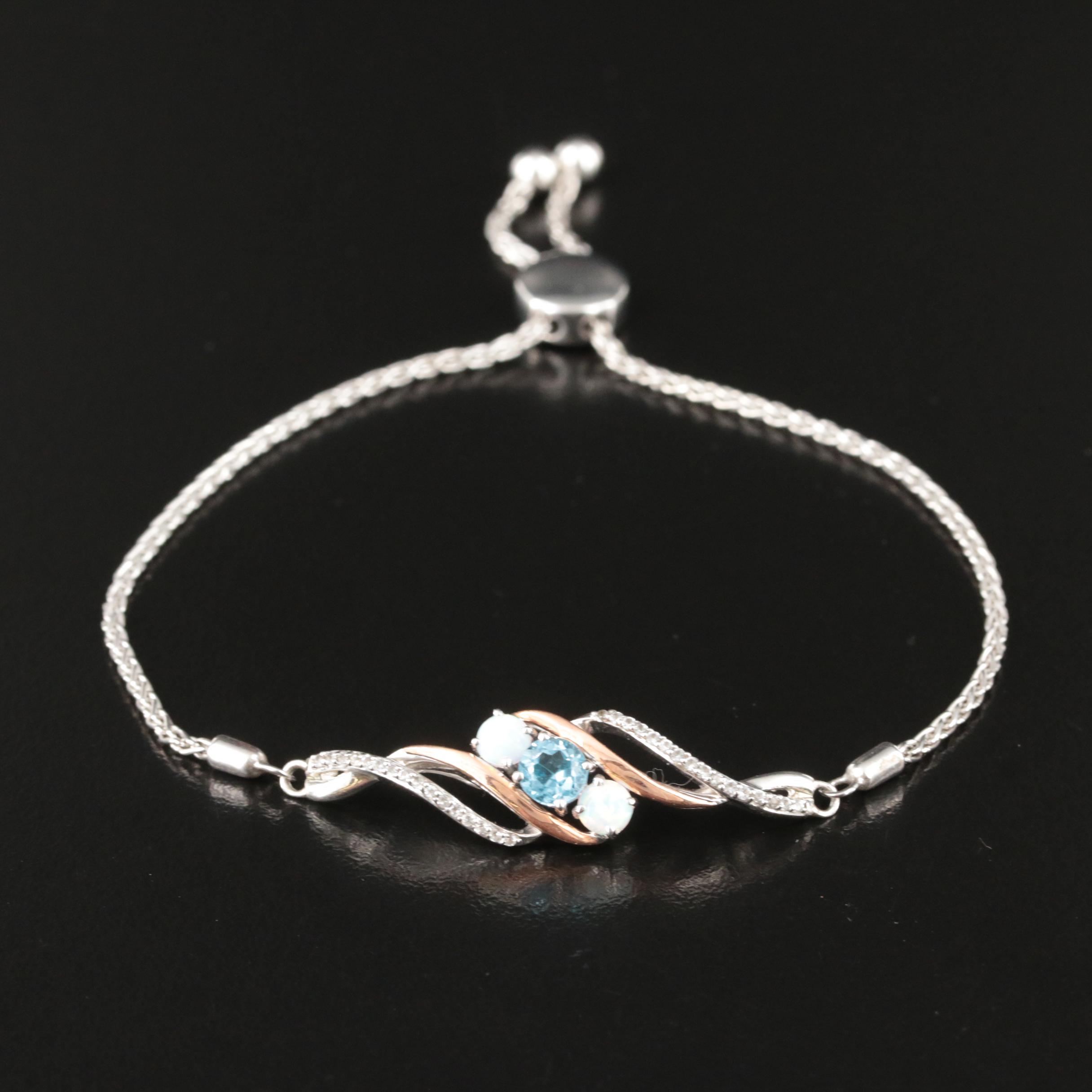 Sterling Topaz and Opal Bolo Bracelet with 10 KT Rose Gold Accents