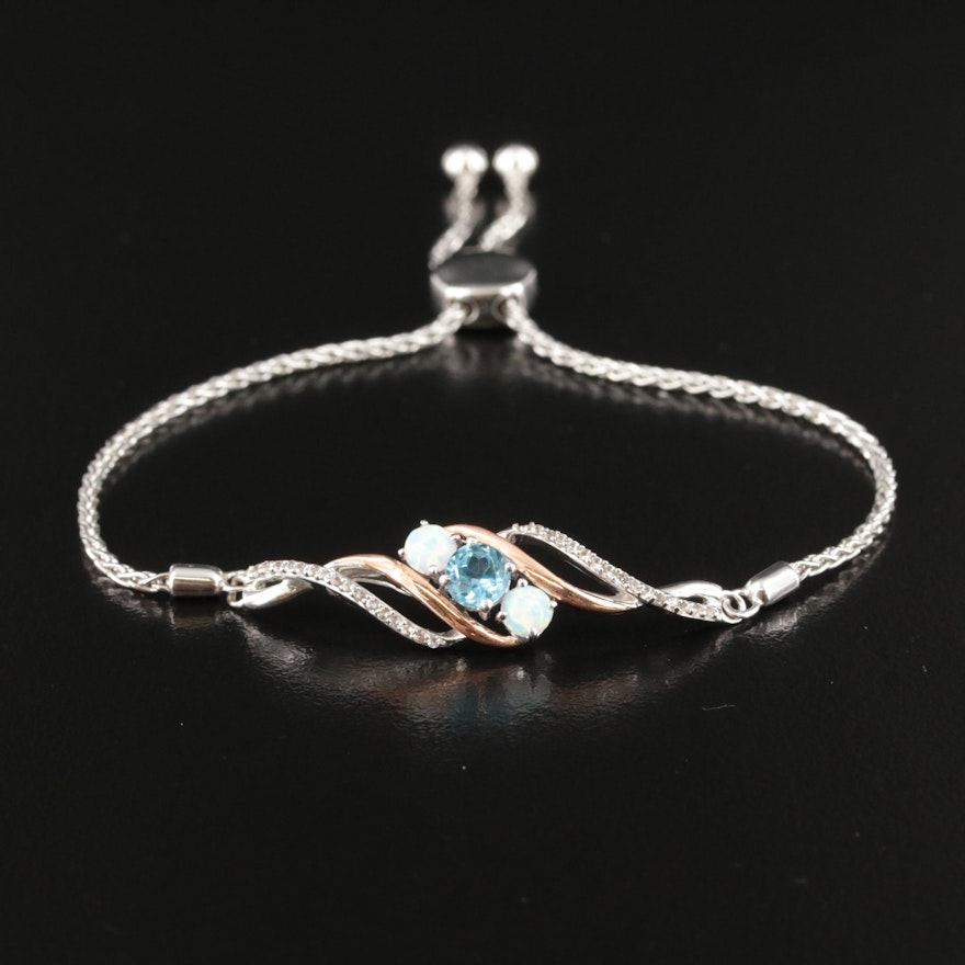 Sterling Topaz and Opal Bolo Bracelet with 10KT Rose Gold Accents