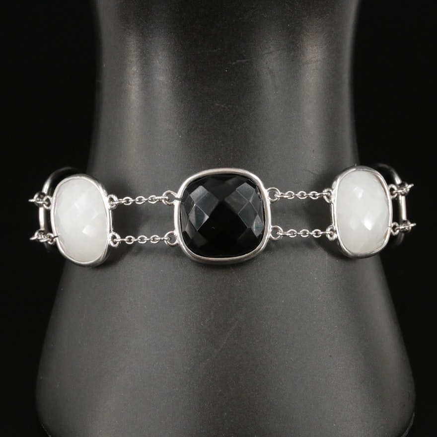 Sterling Black Onyx and Quartz Station Bracelet