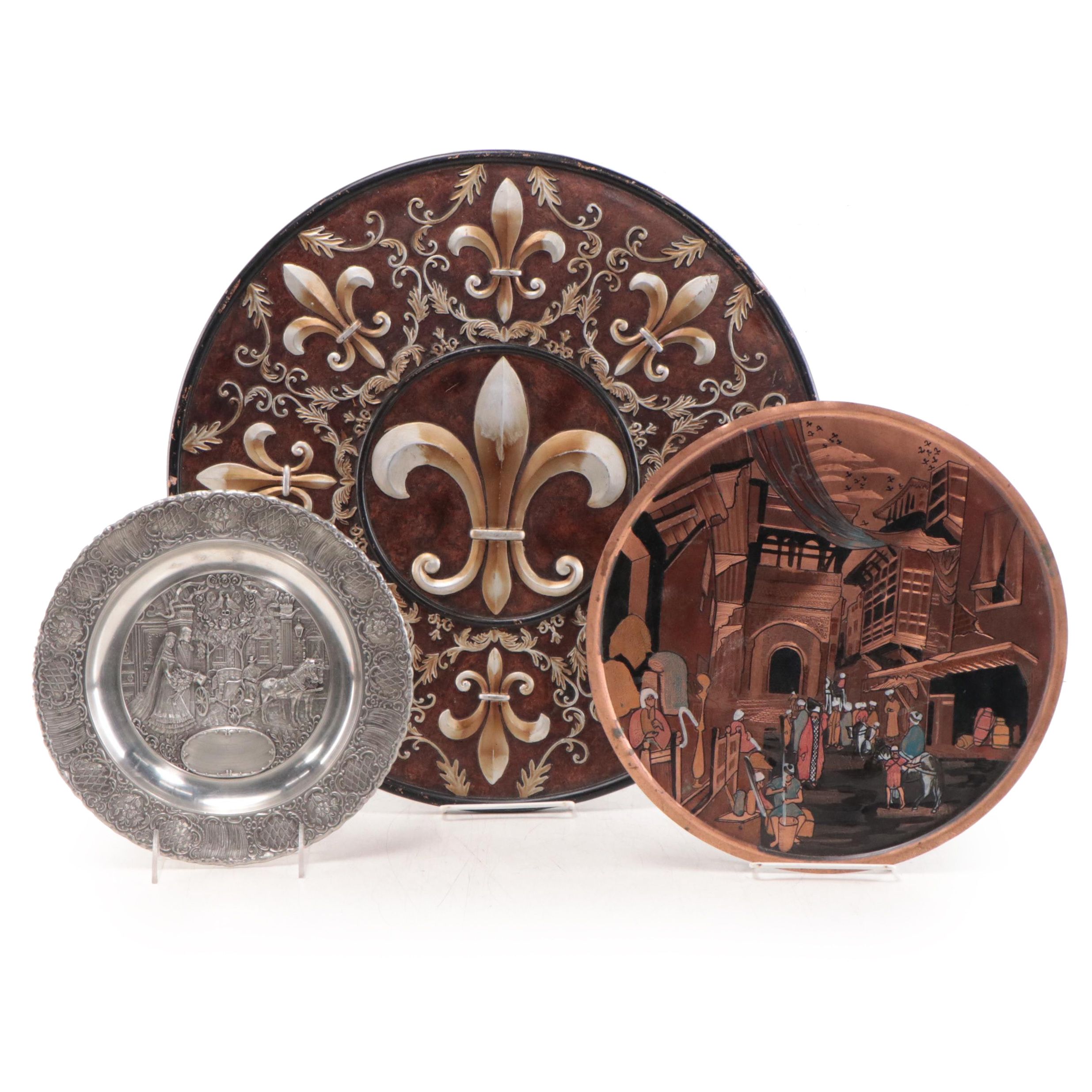 Assorted Wall Medallions Including Etched and Painted Copper Plate