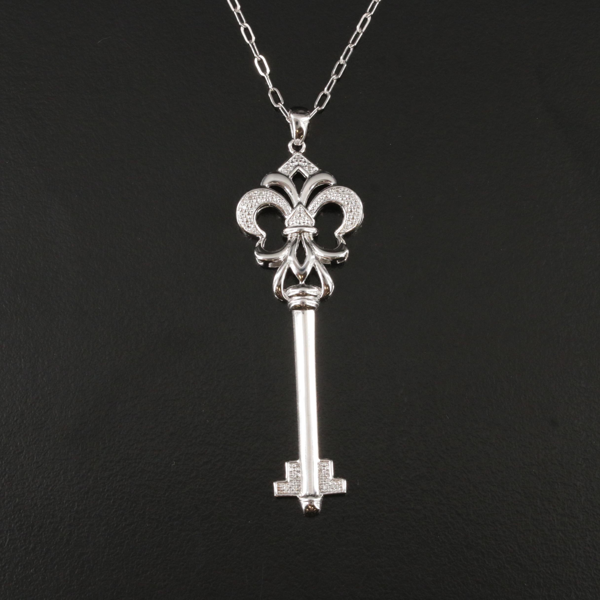 Sterling Diamond Fleur-de-Lis Key Necklace