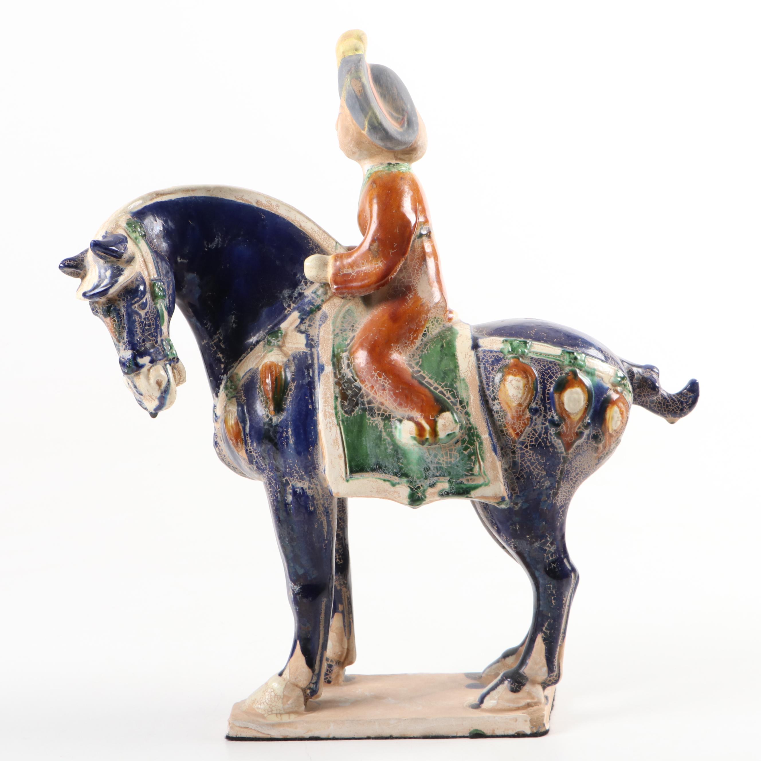 Chinese Tang Style Sancai Glaze Horse and Female Rider Figurine