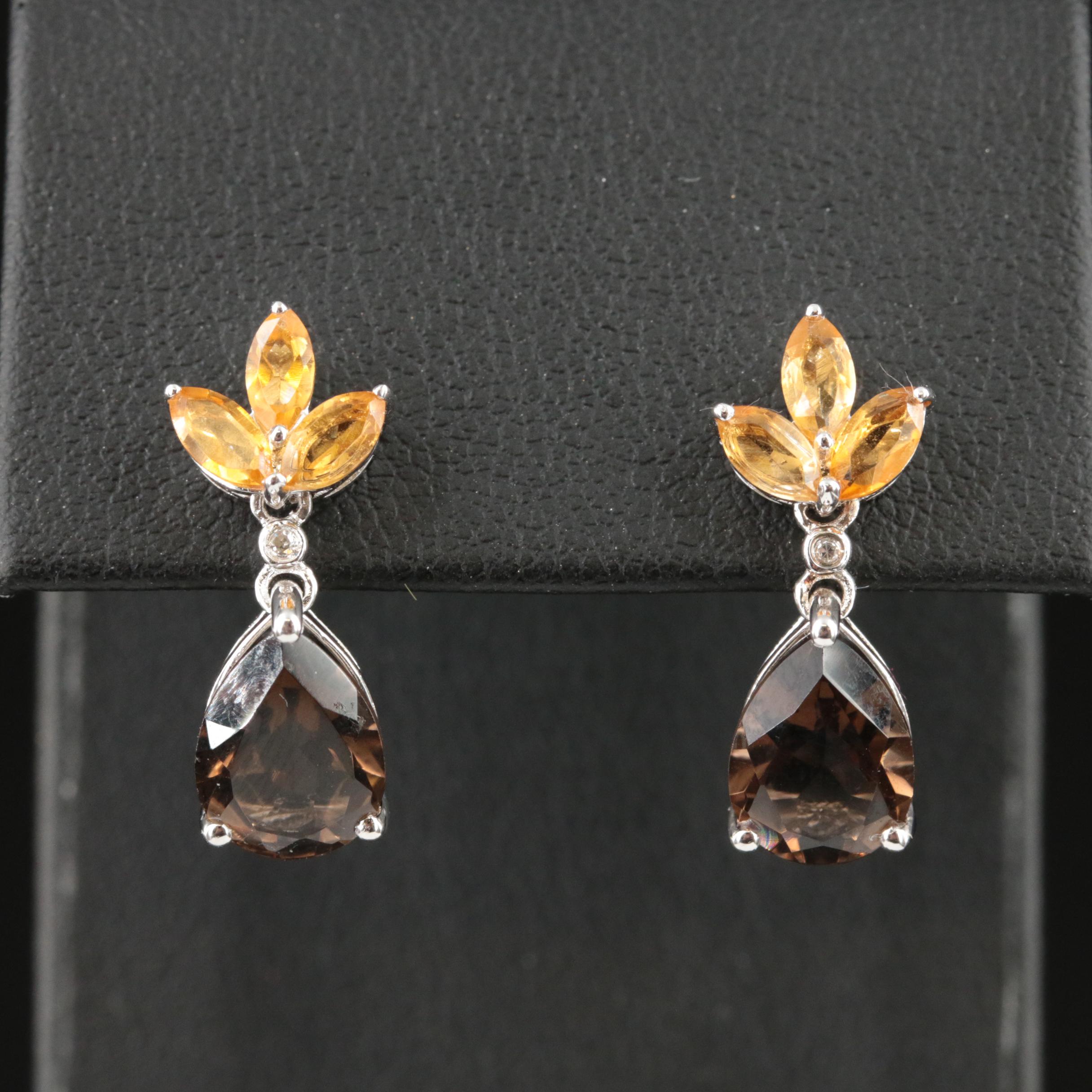 Sterling Smoky Quartz, Citrine and Diamond Earrings