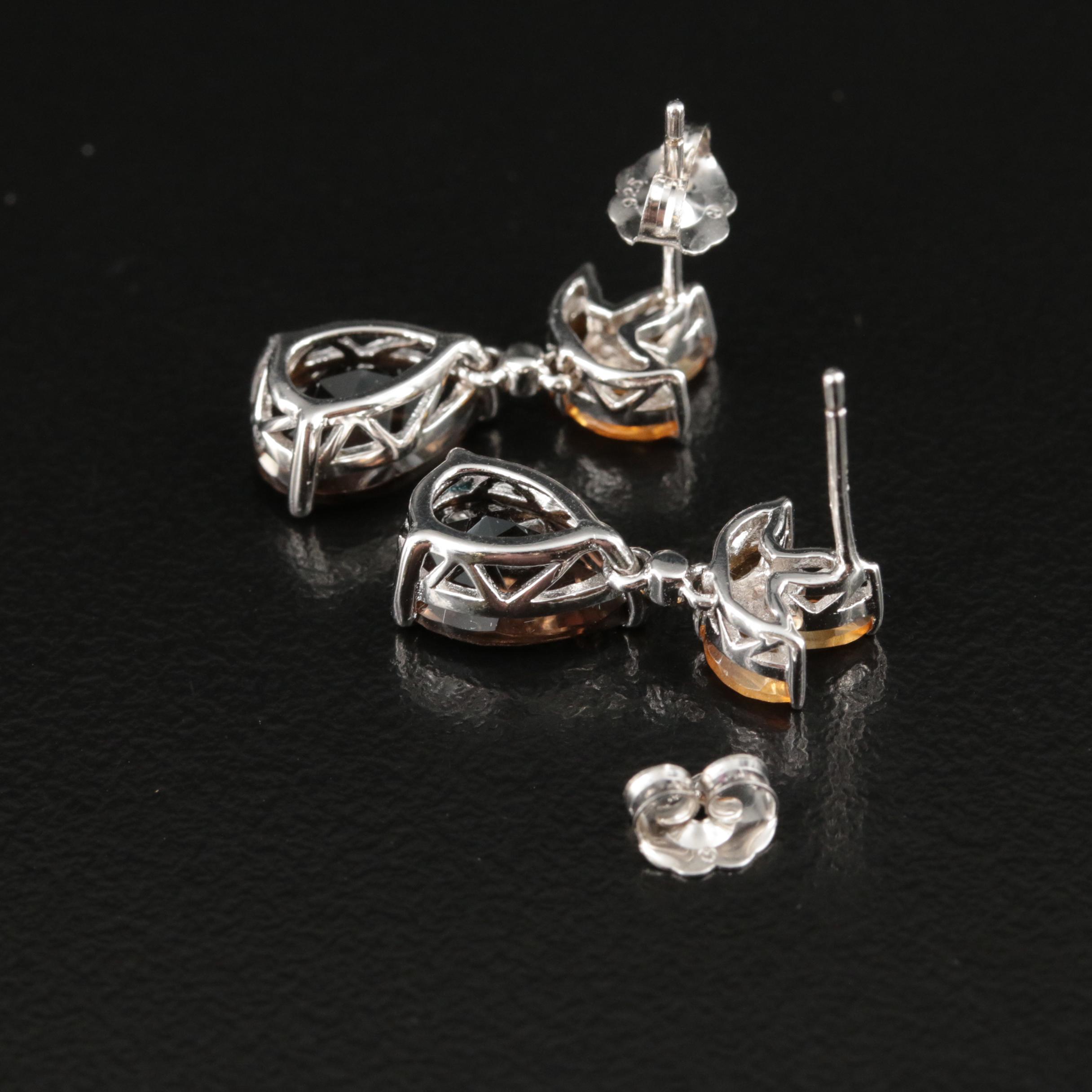 Sterling Smoky Quartz, Citrine and Diamond Earrings