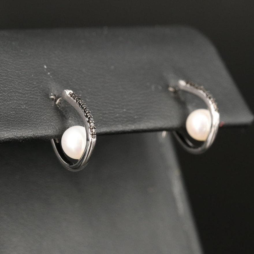 Sterling Pearl and Diamond Hoop Earrings