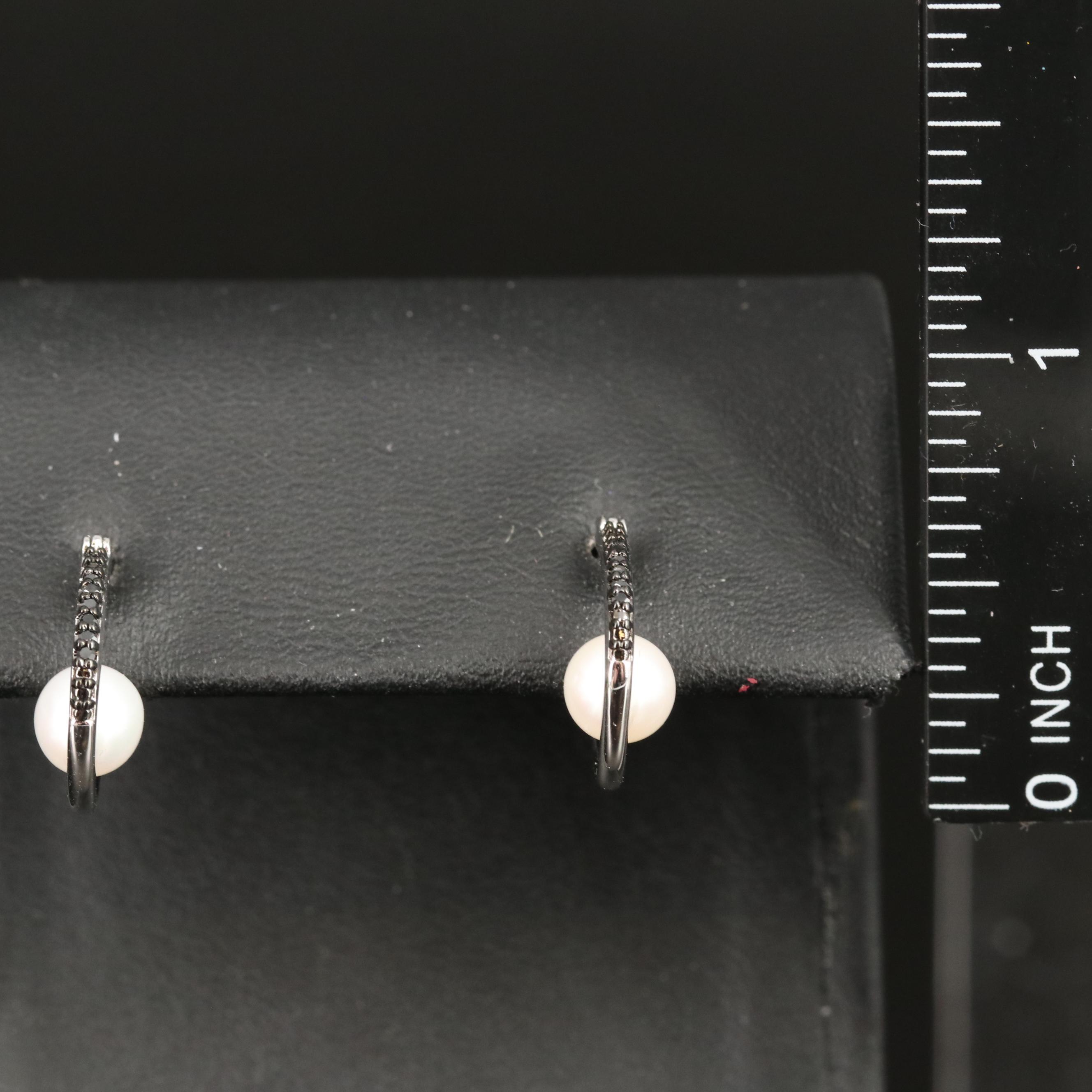 Sterling Pearl and Diamond Hoop Earrings