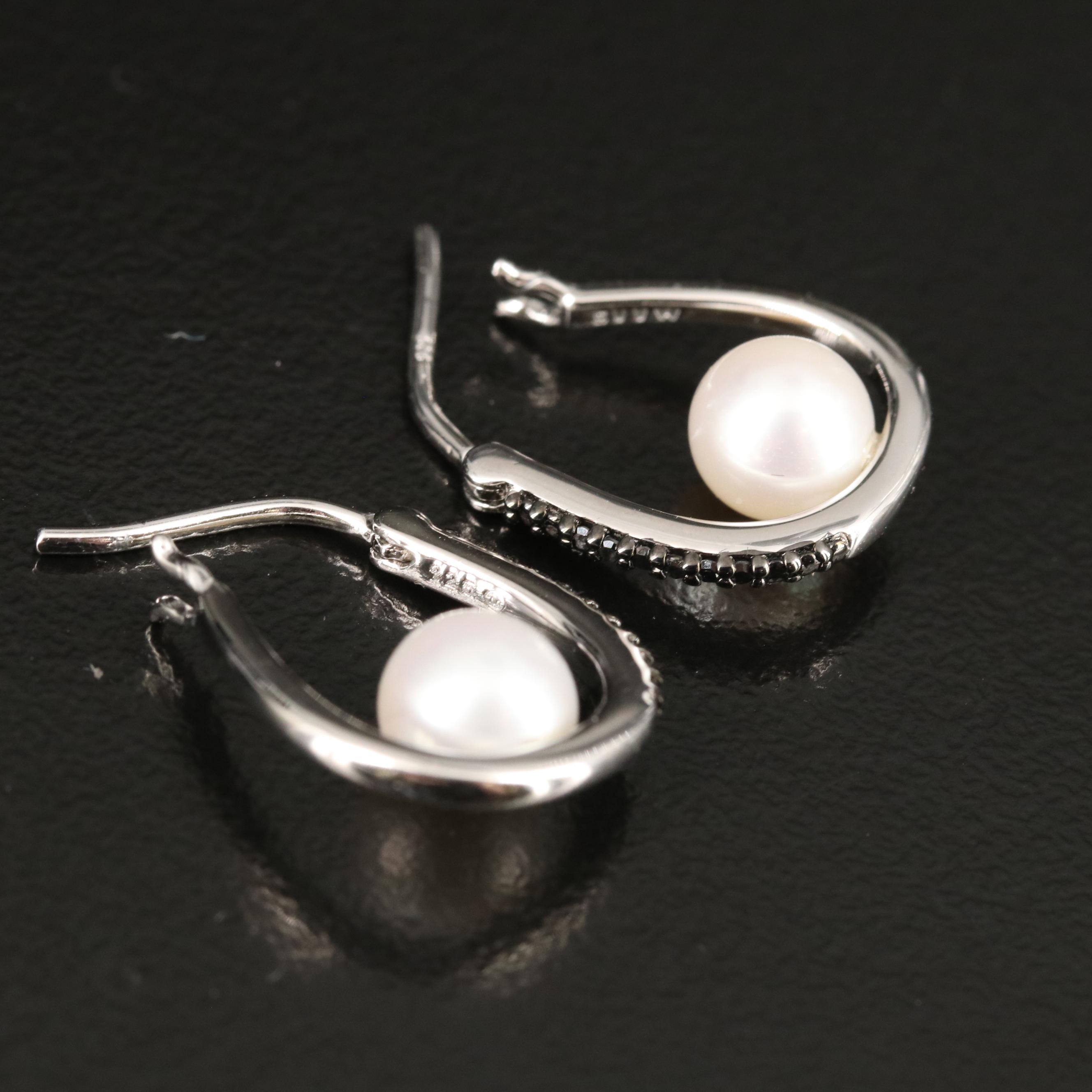 Sterling Pearl and Diamond Hoop Earrings