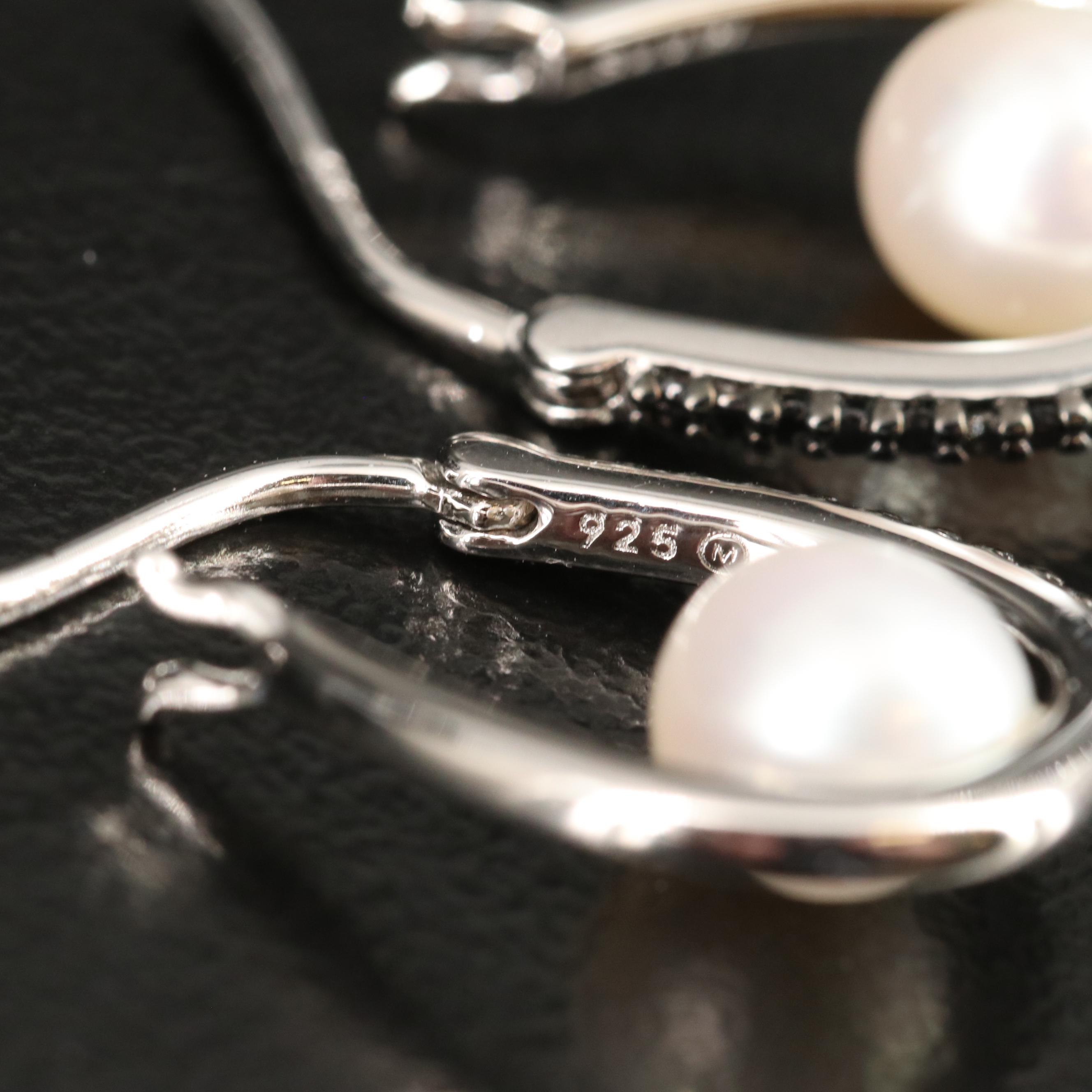 Sterling Pearl and Diamond Hoop Earrings