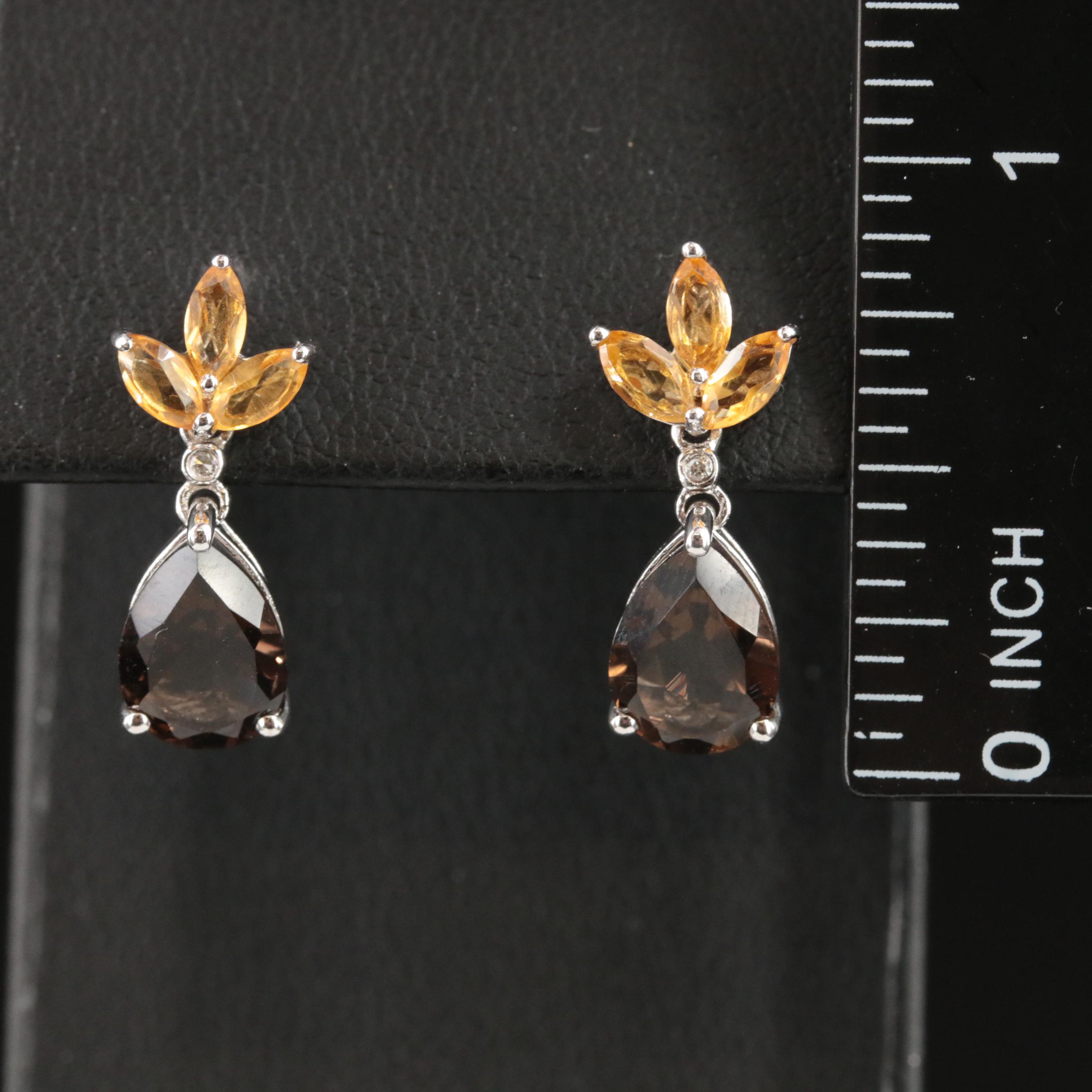 Sterling Smoky Quartz, Citrine and Diamond Earrings