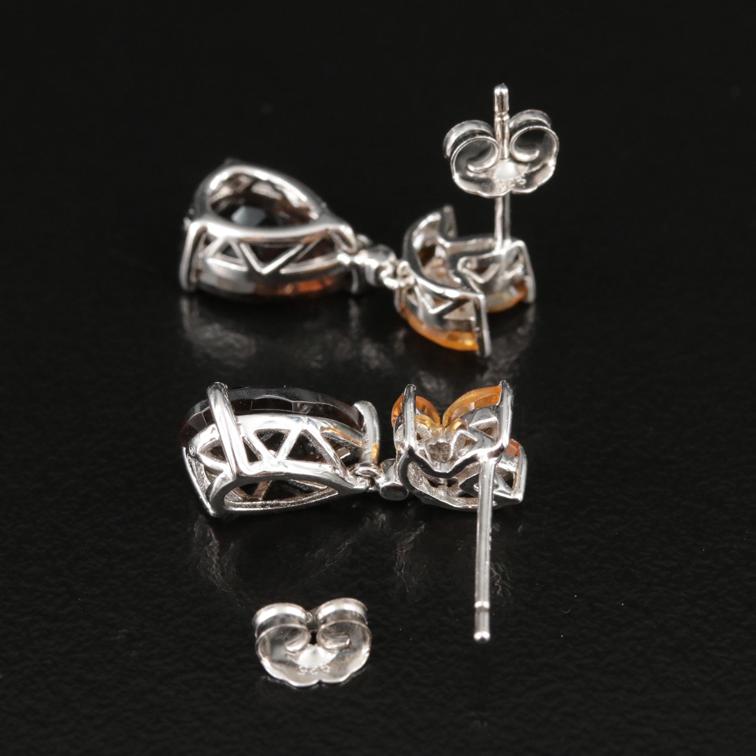 Sterling Smoky Quartz, Citrine and Diamond Earrings