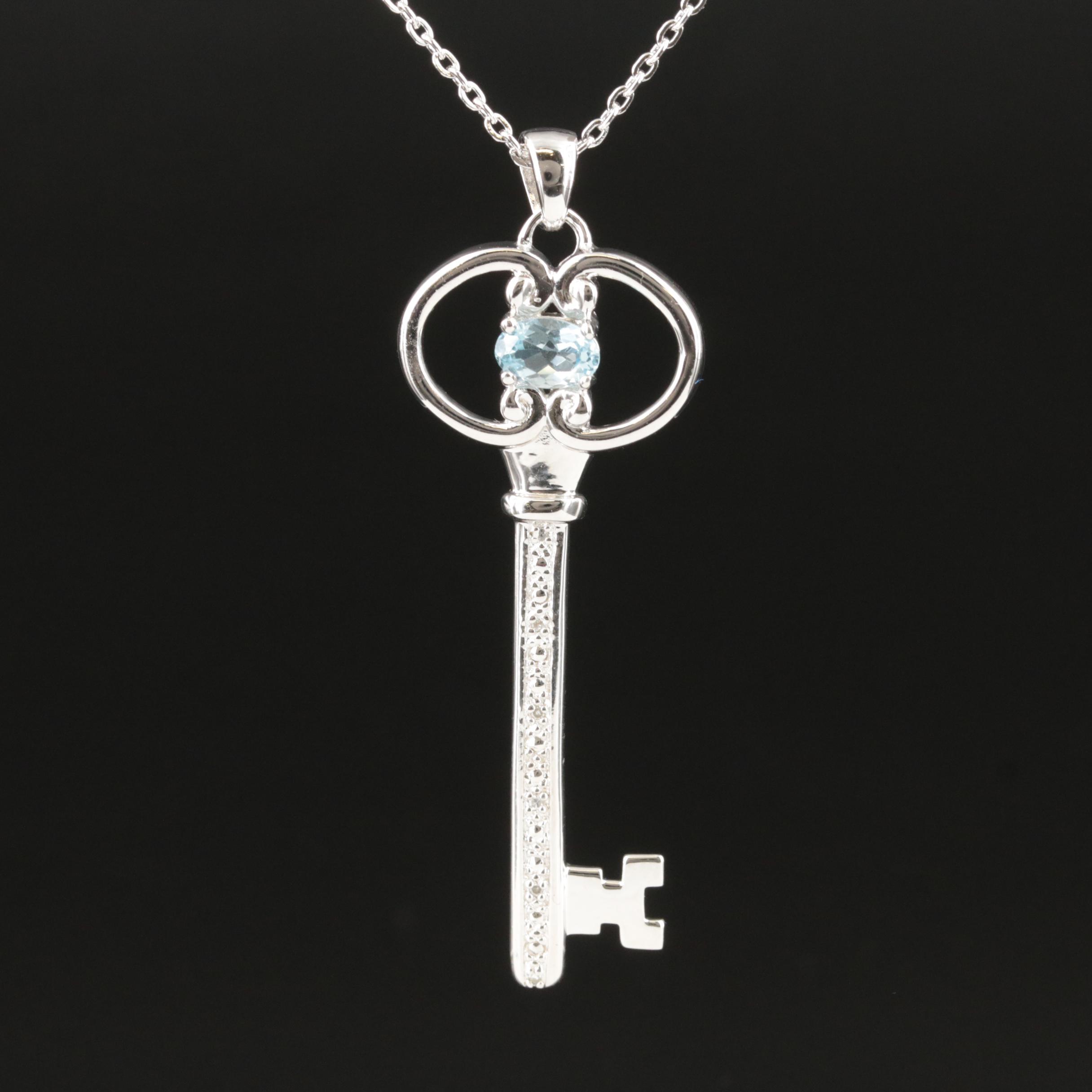 Sterling Sky Blue Topaz and Diamond Key Necklace