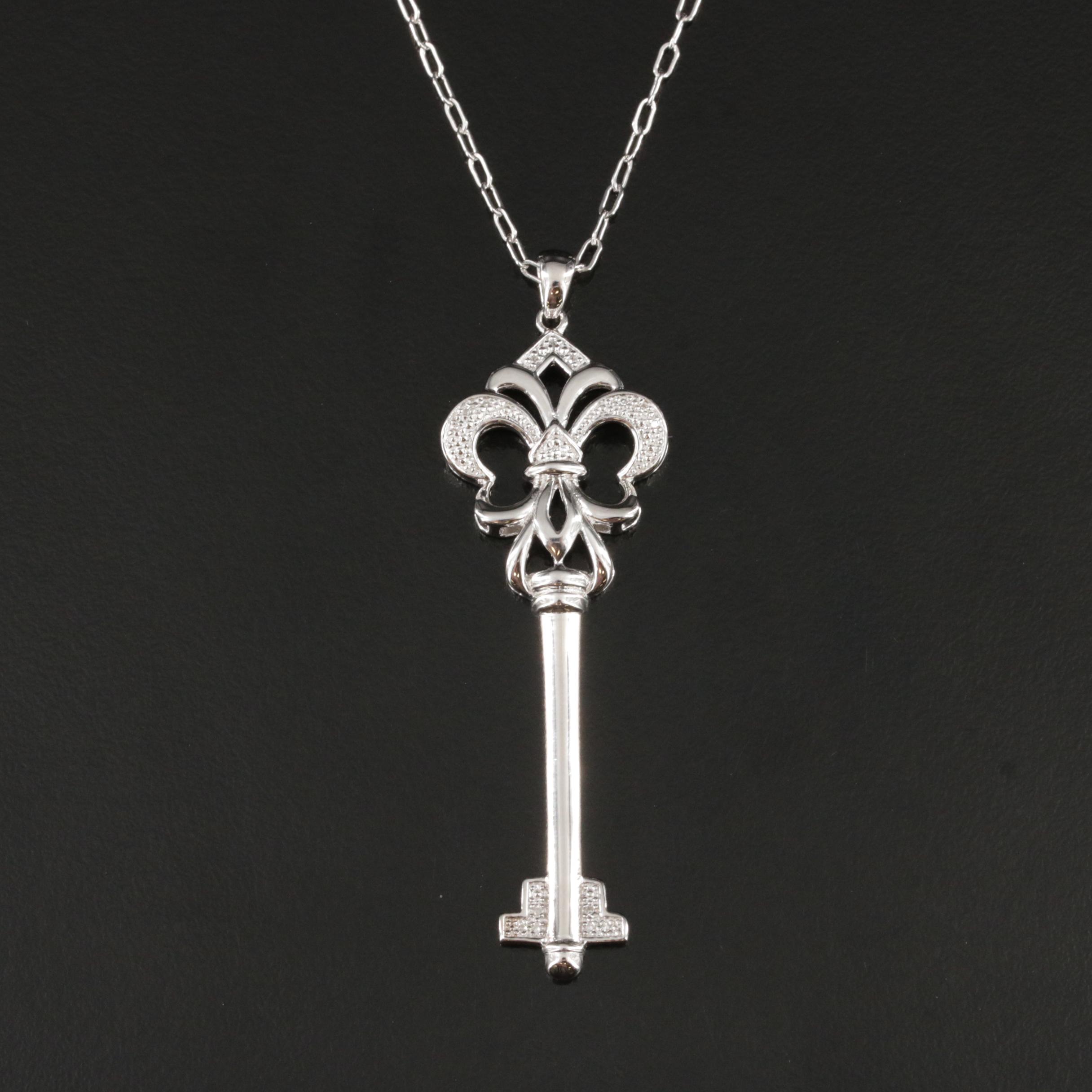 Sterling Diamond Fleur-de-Lis Key Pendant Necklace