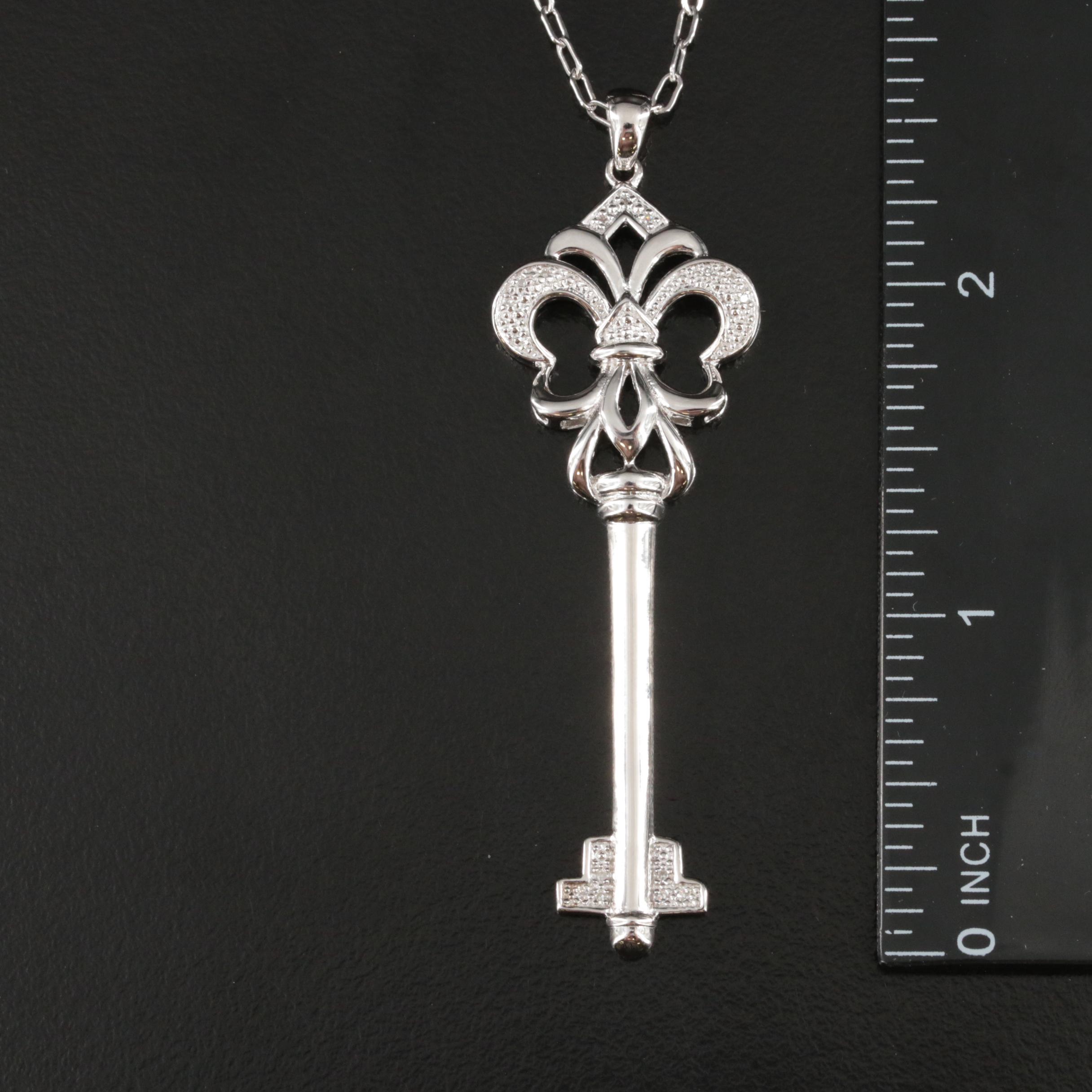 Sterling Diamond Fleur-de-Lis Key Pendant Necklace