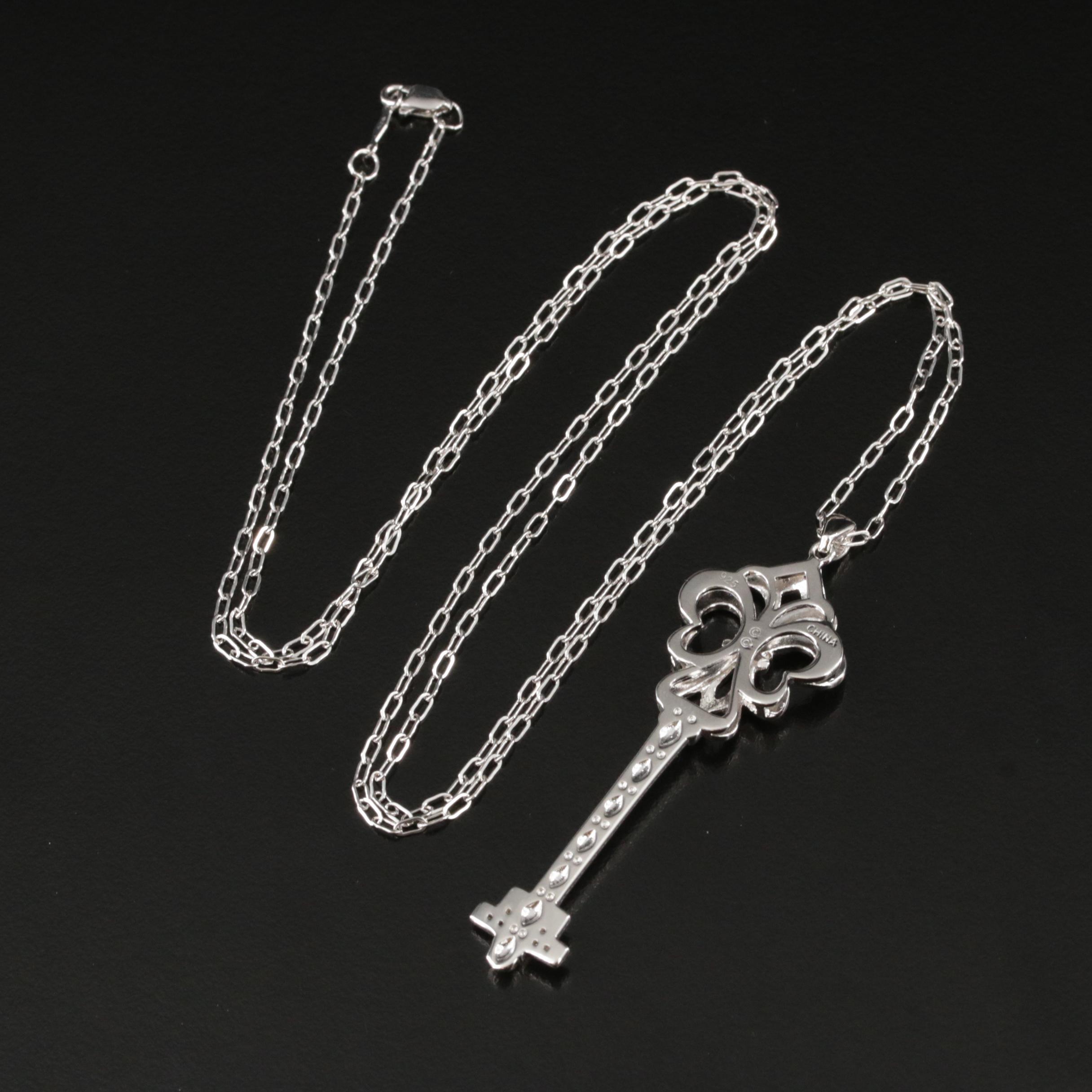 Sterling Diamond Fleur-de-Lis Key Pendant Necklace