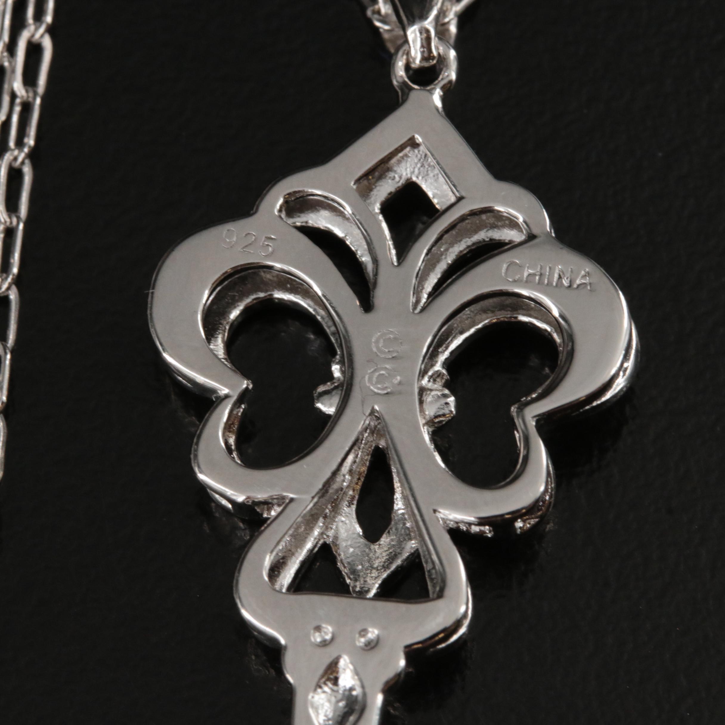 Sterling Diamond Fleur-de-Lis Key Pendant Necklace