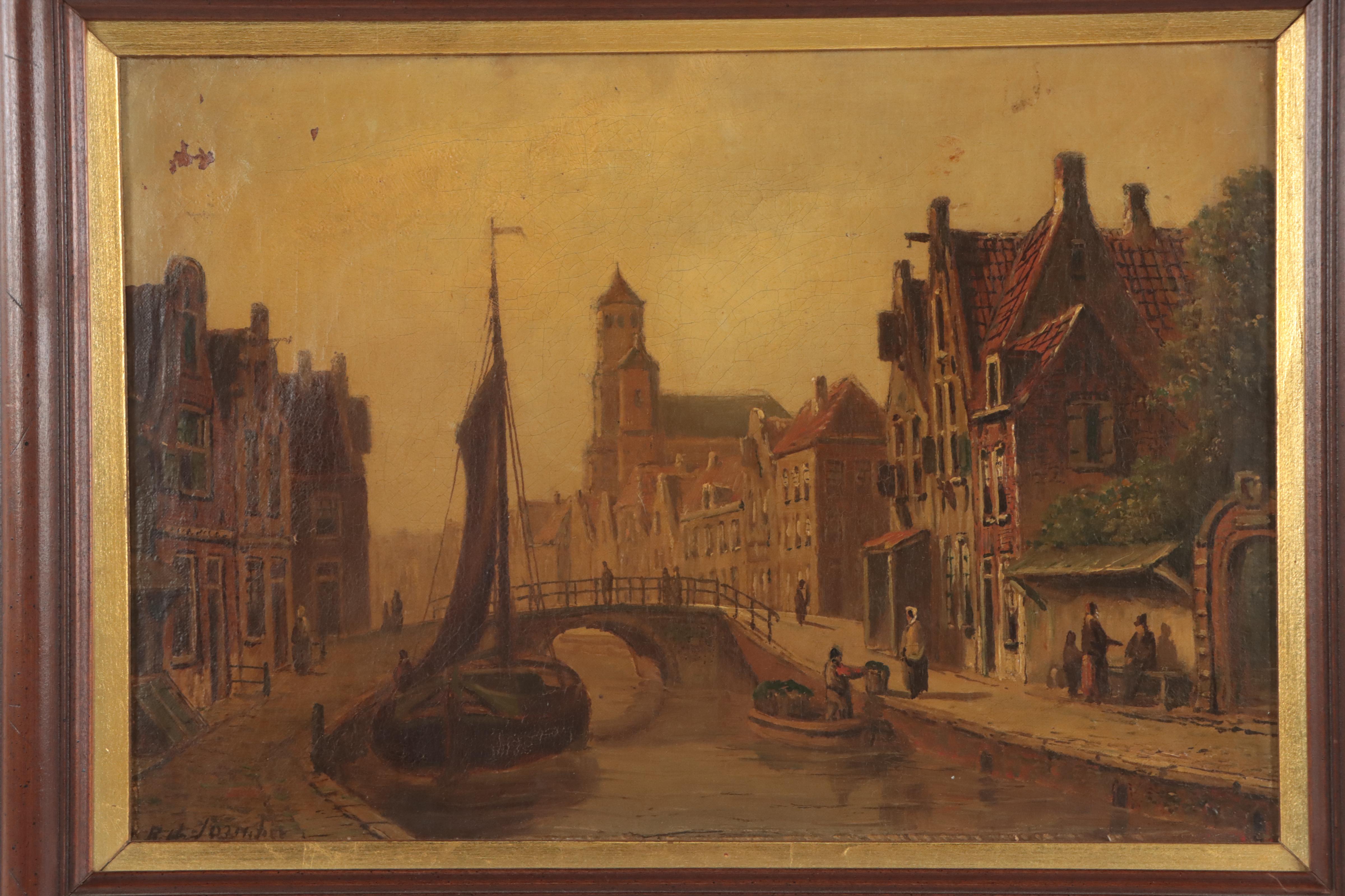 Oil Painting of European Canal Scene