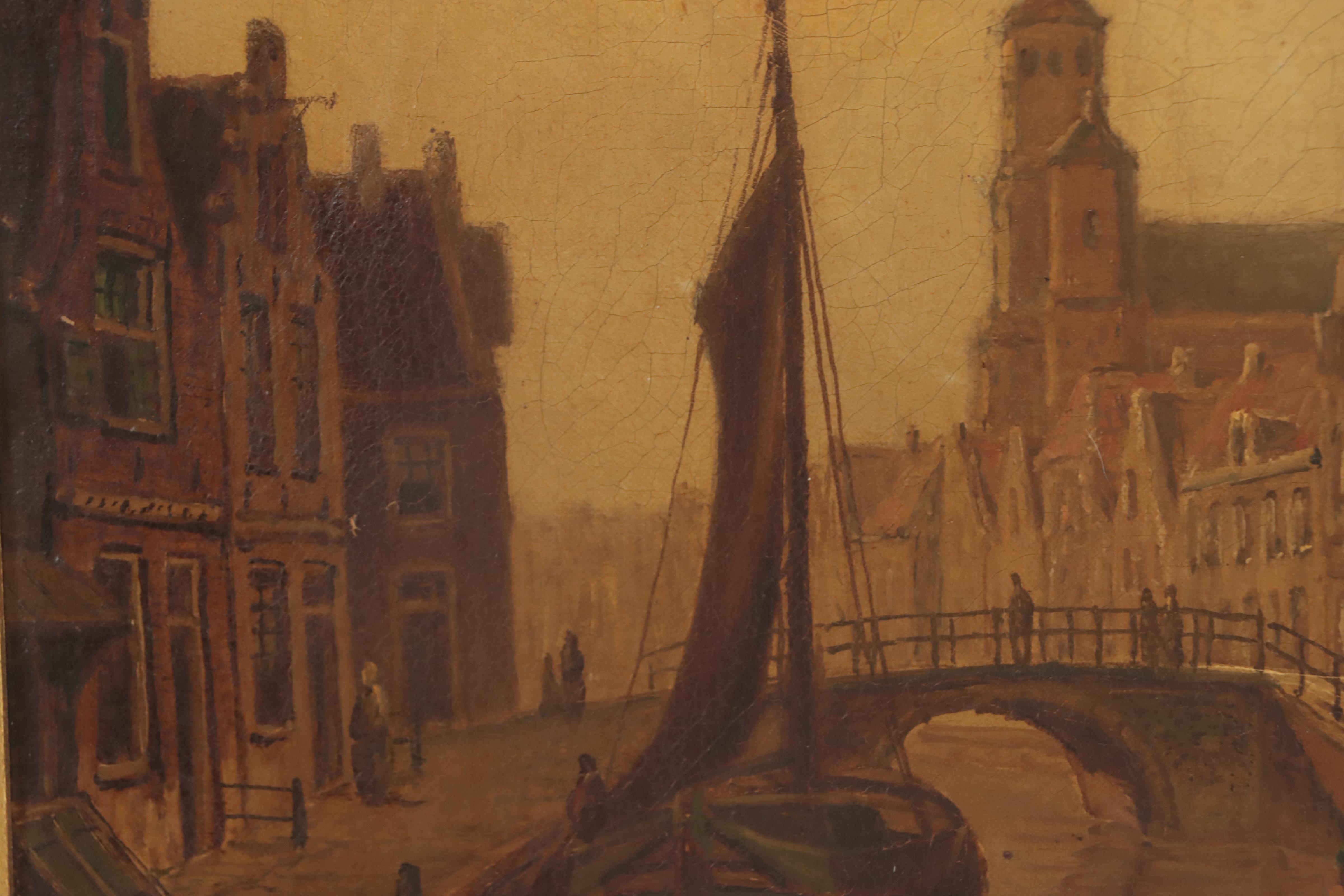 Oil Painting of European Canal Scene