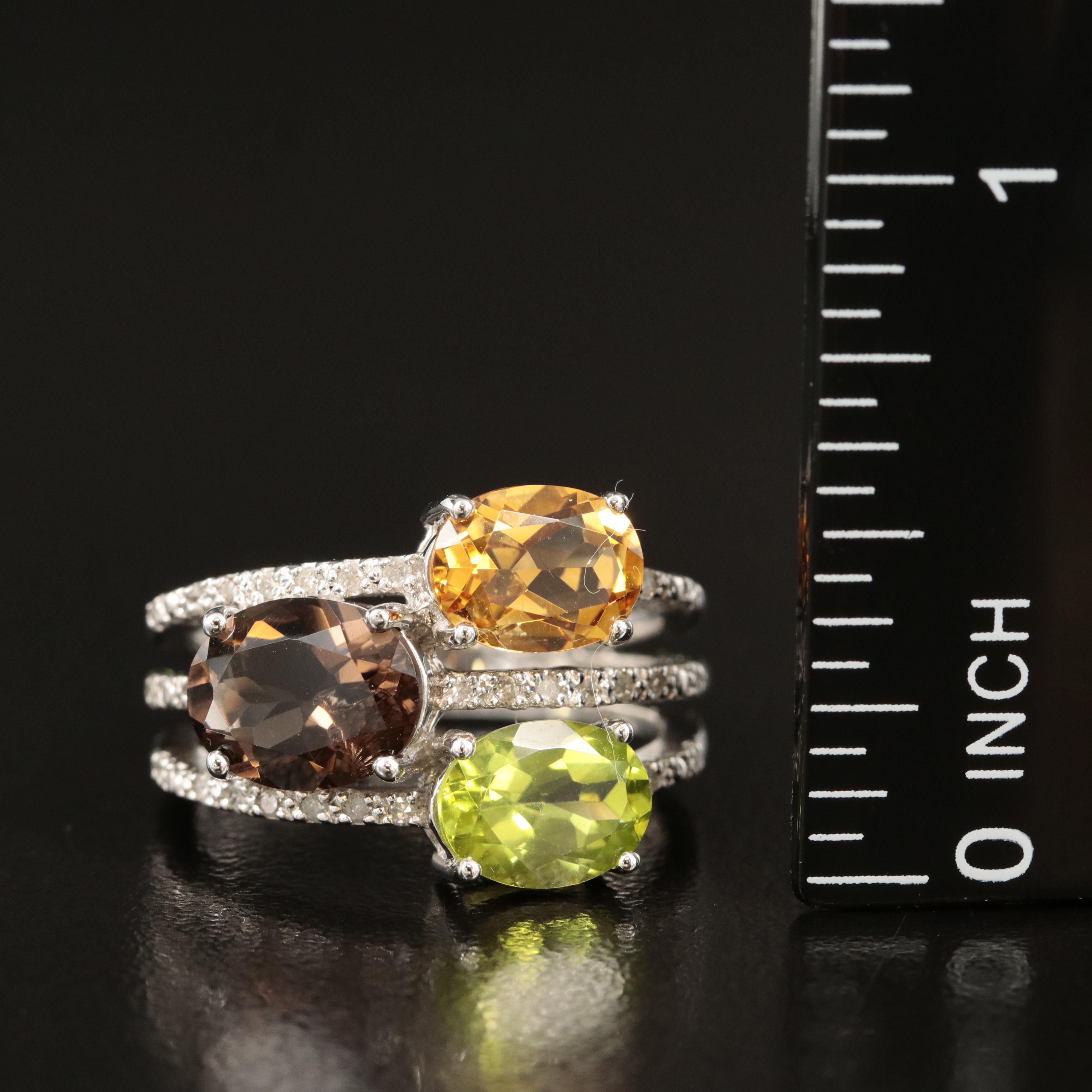 Sterling Peridot, Smoky Quartz and Diamond Ring