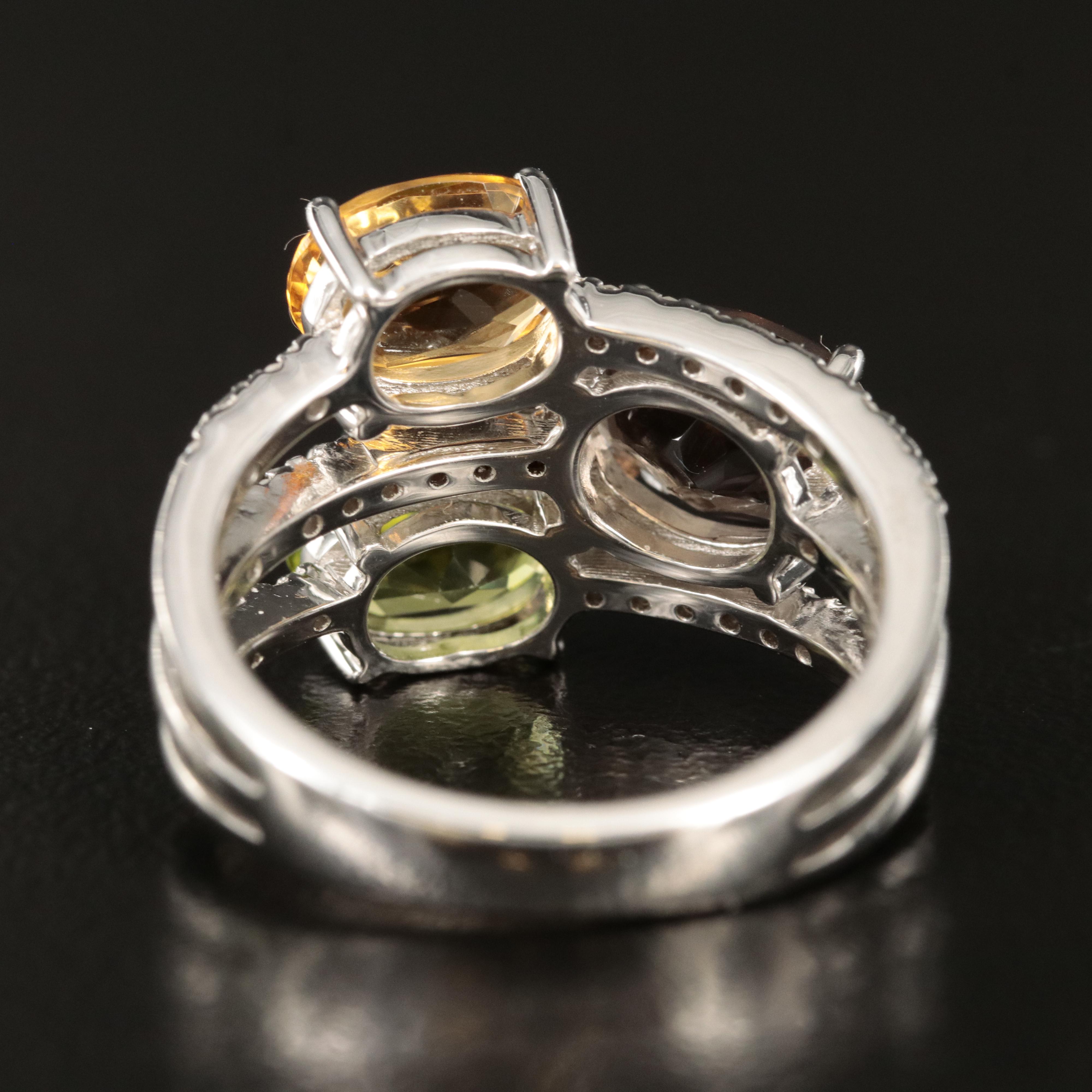 Sterling Peridot, Smoky Quartz and Diamond Ring