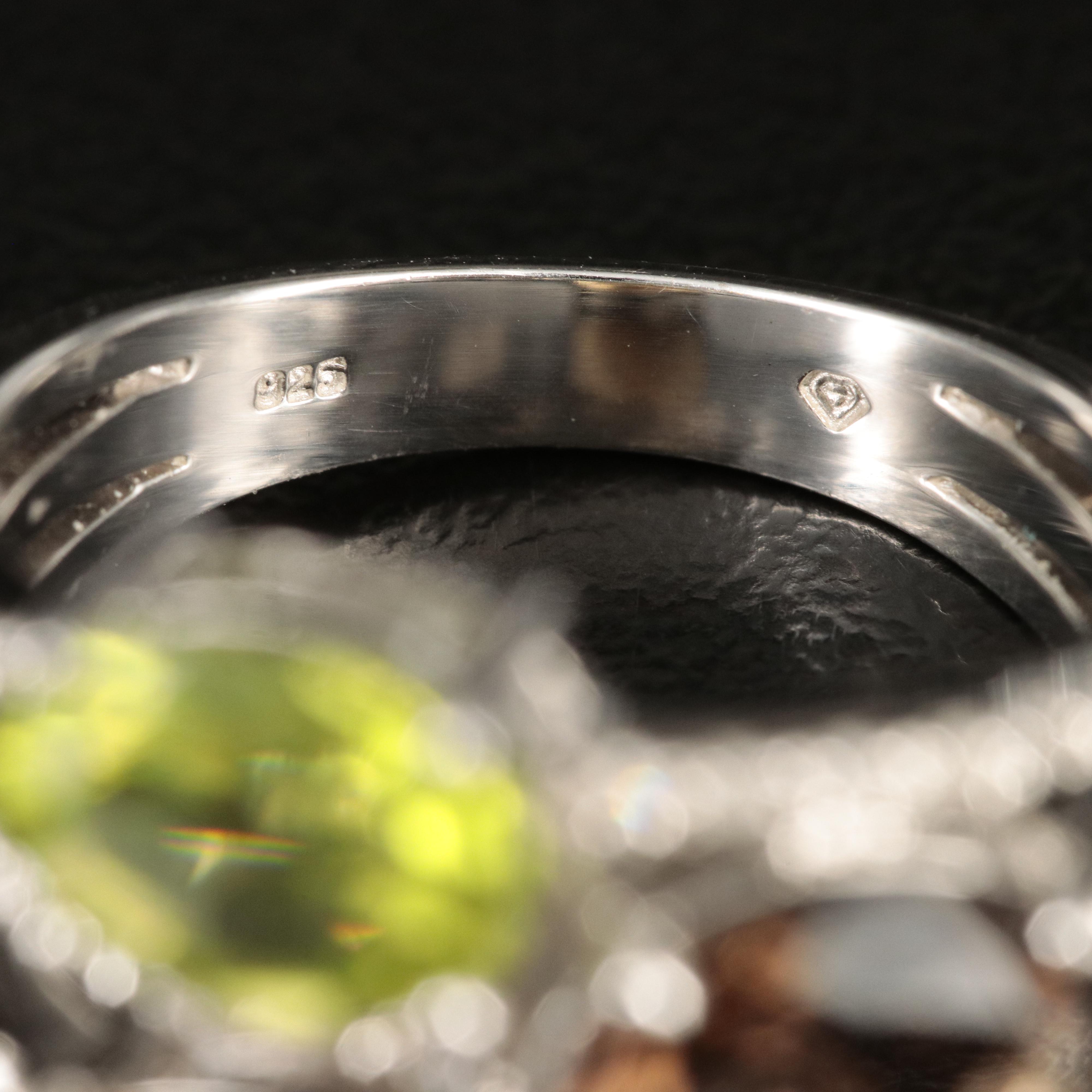 Sterling Peridot, Smoky Quartz and Diamond Ring