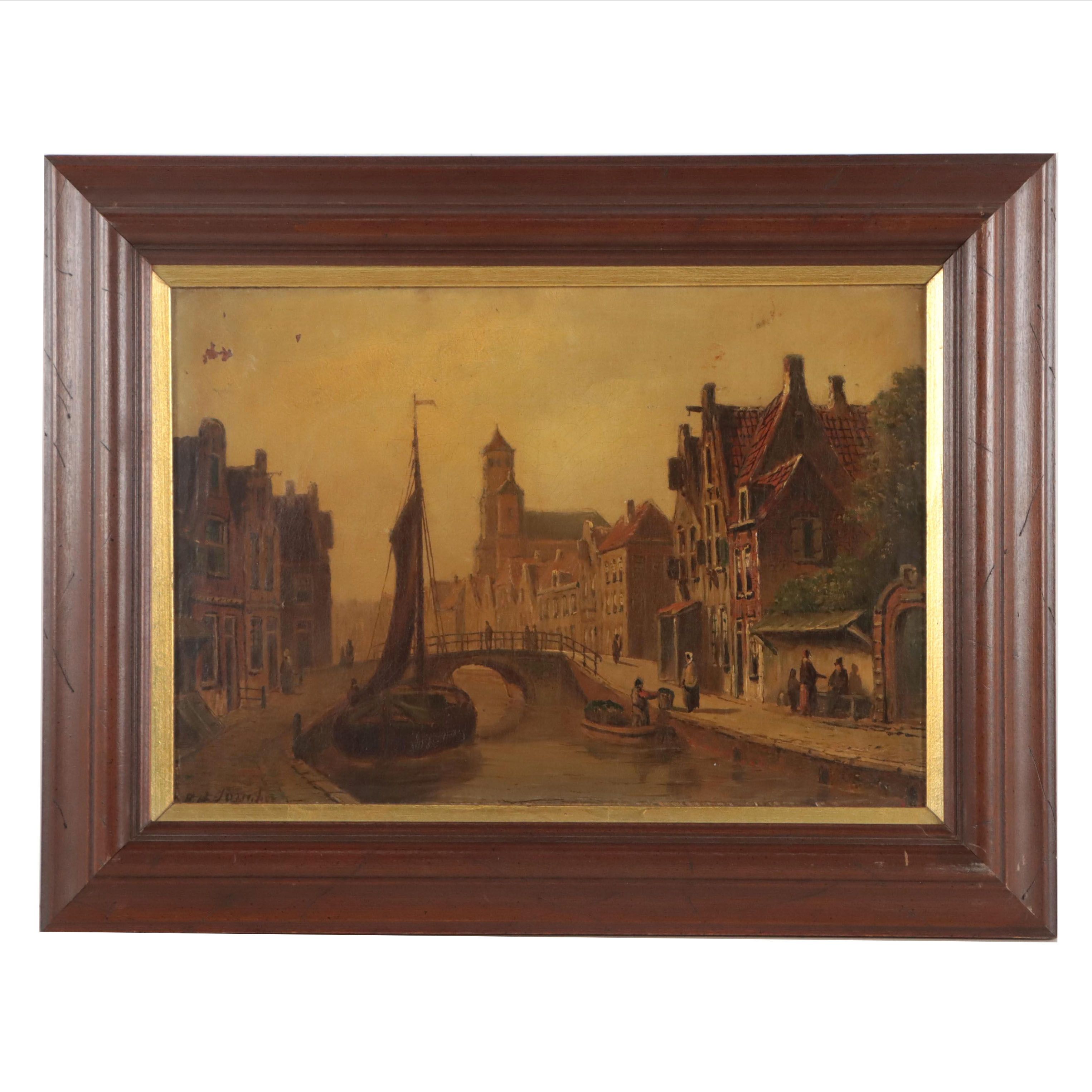 Oil Painting of European Canal Scene