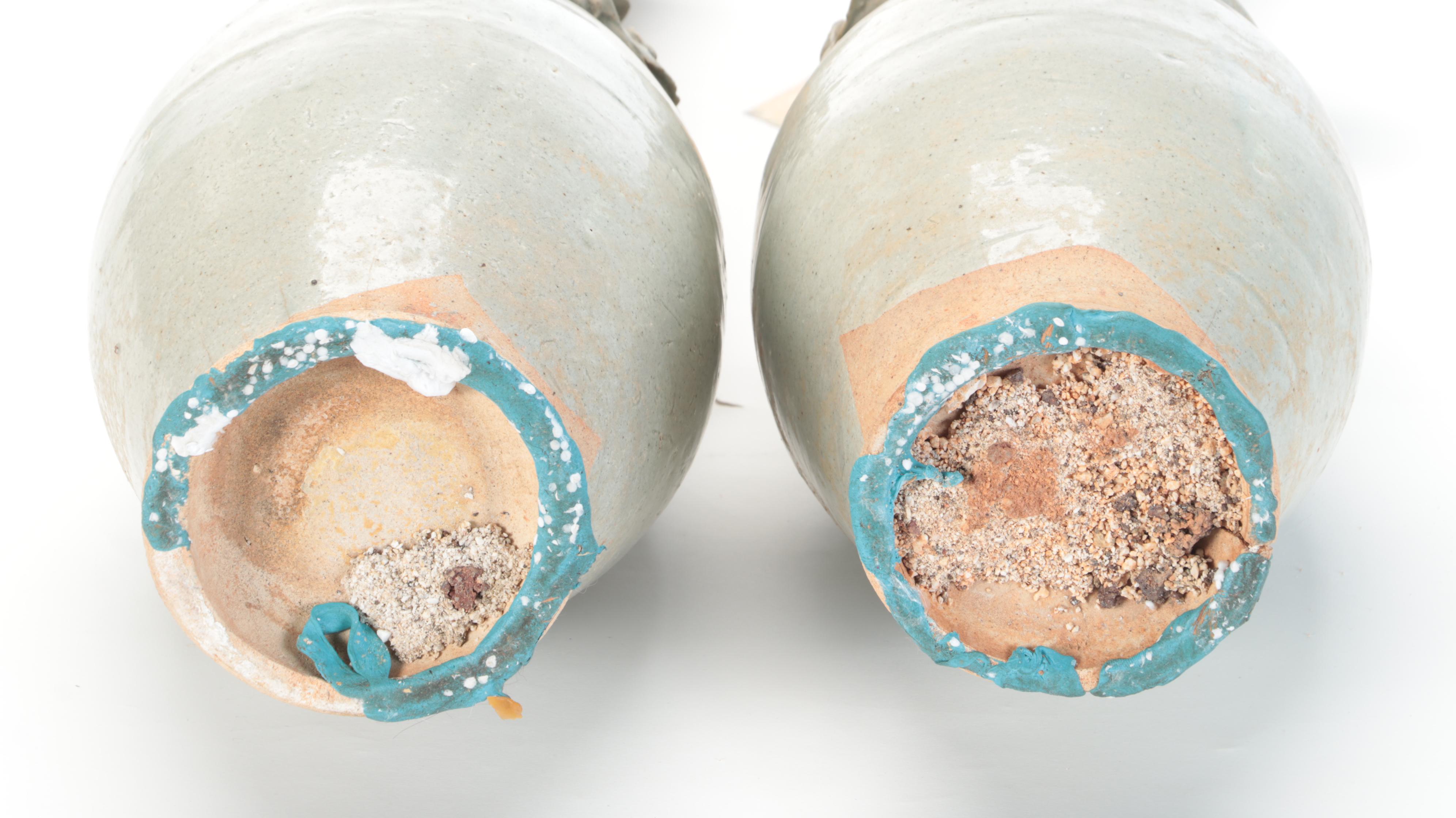 Pair of Chinese Celadon Glazed Earthenware Funerary Urns, Probably Southern Song