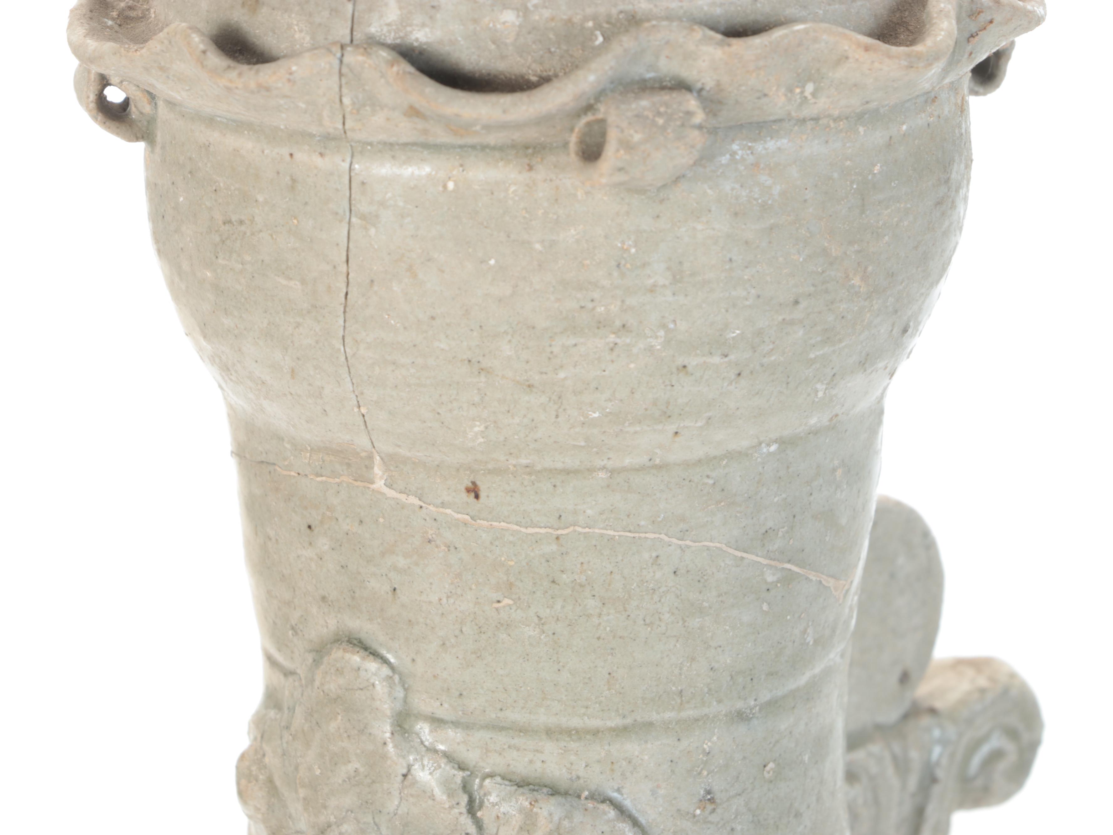 Pair of Chinese Celadon Glazed Earthenware Funerary Urns, Probably Southern Song