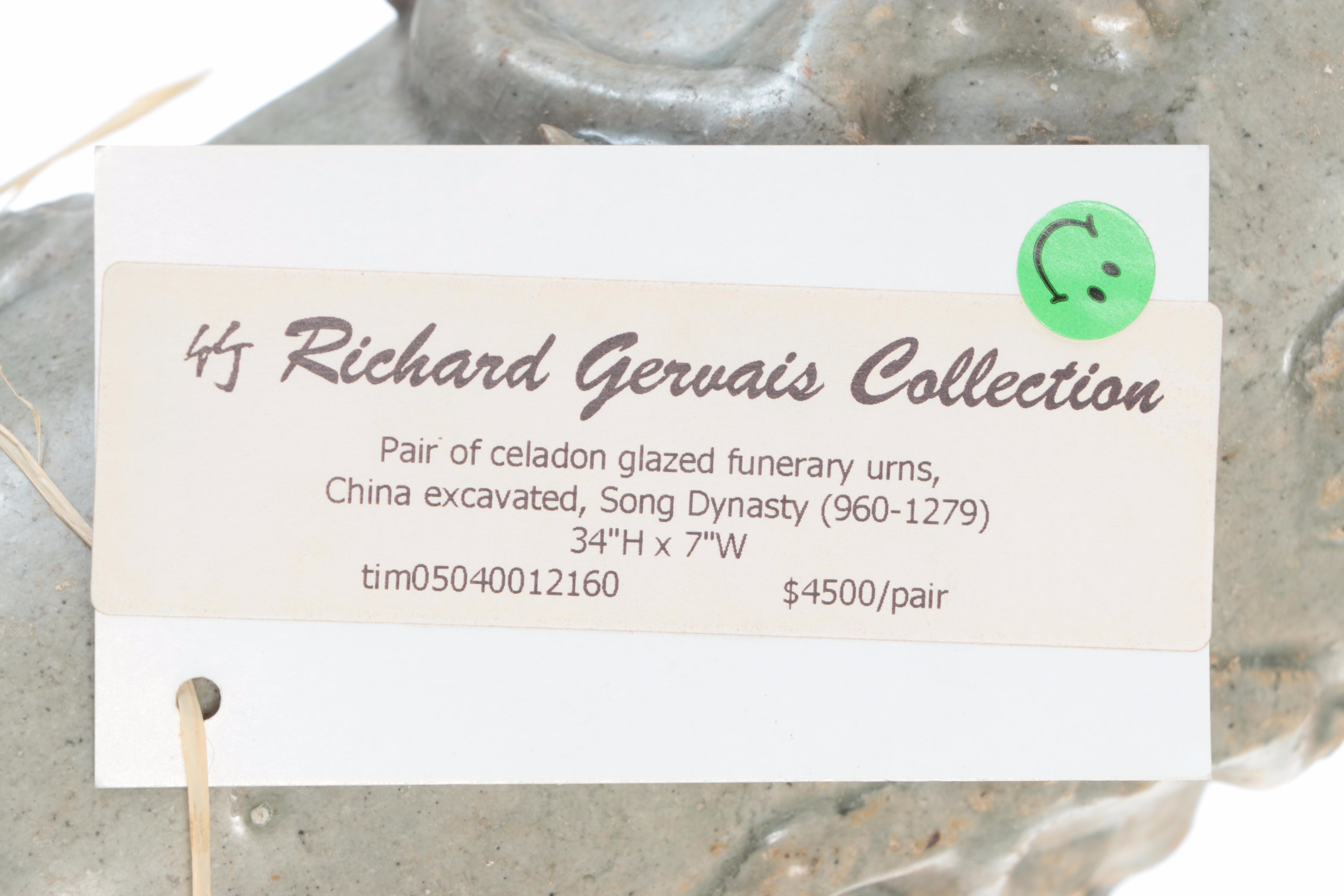 Pair of Chinese Celadon Glazed Earthenware Funerary Urns, Probably Southern Song