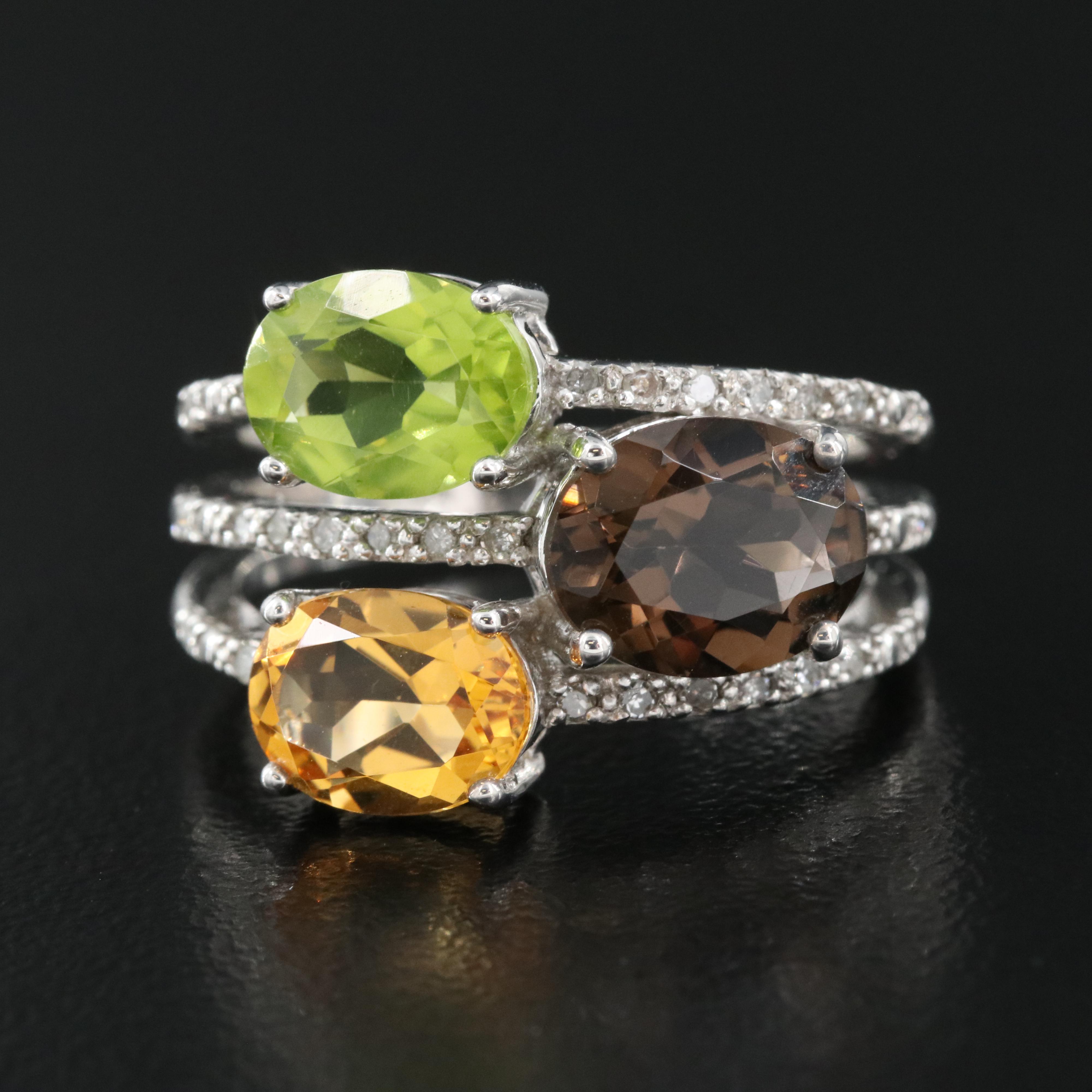 Sterling Ring Including Smoky Quartz, Citrine and Diamond
