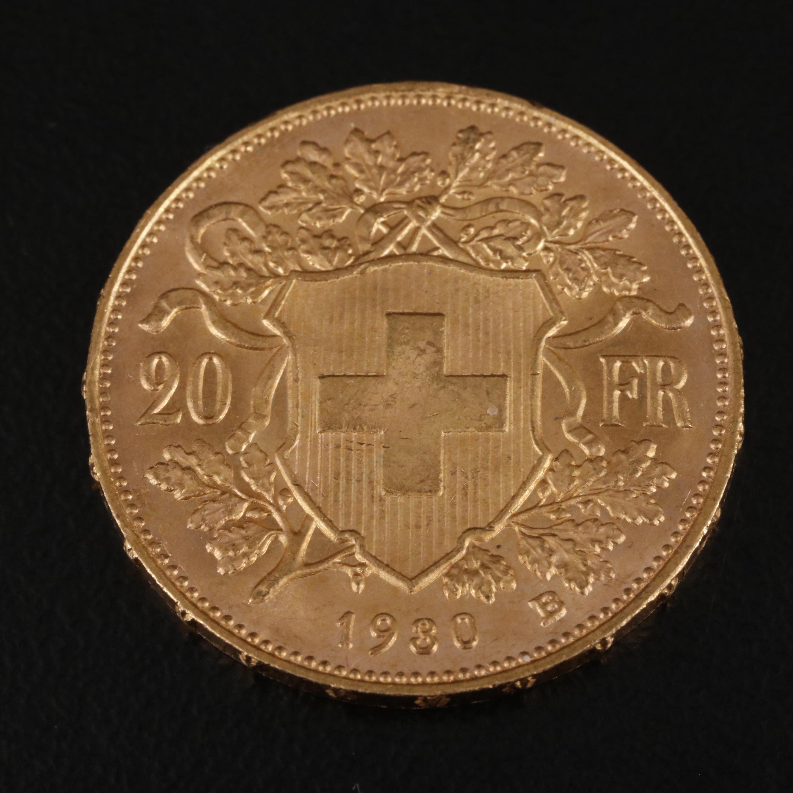 1930-B Switzerland Twenty Francs Gold Coin