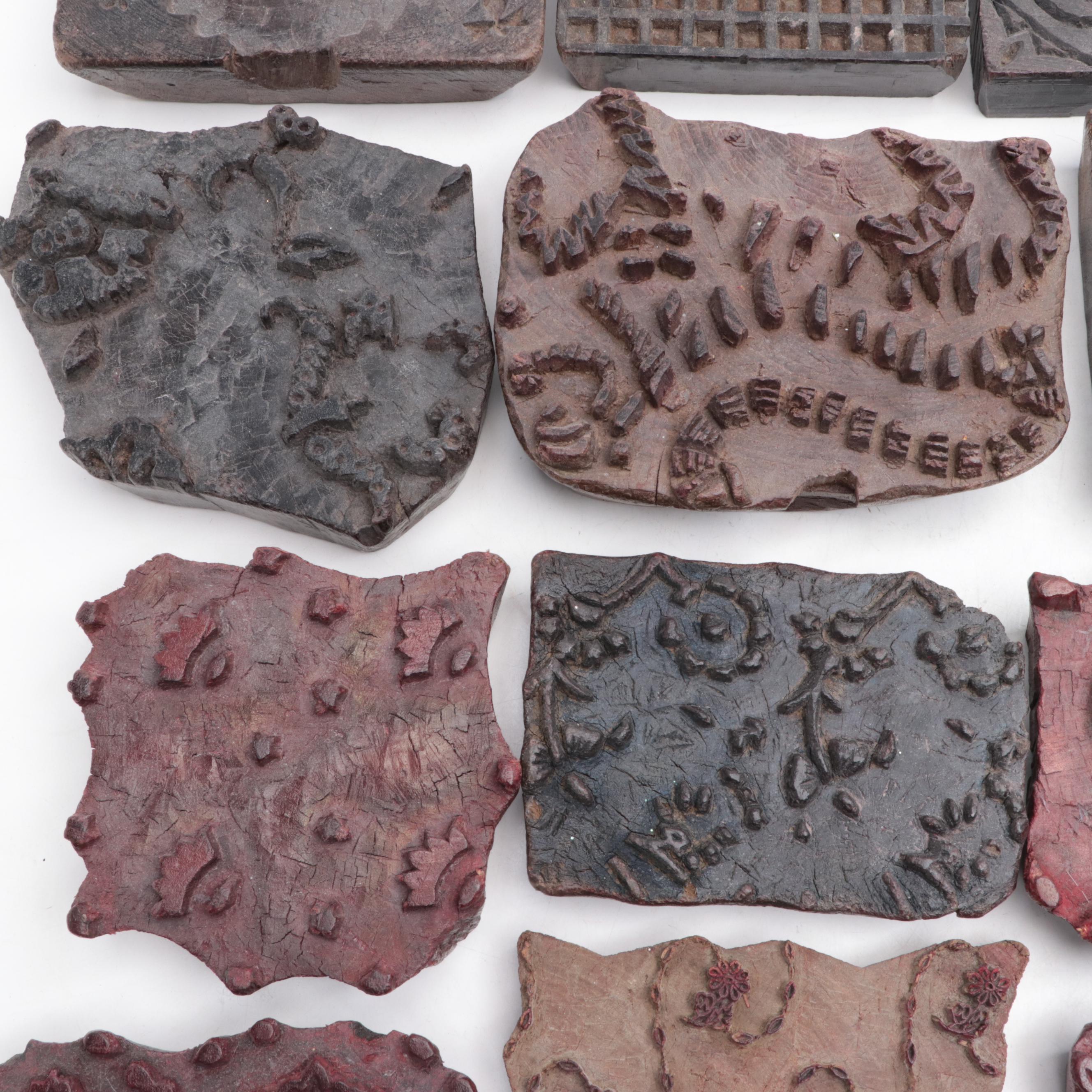 12 Hand-Carved Wooden Fabric Print Block Fragments Wall Décor