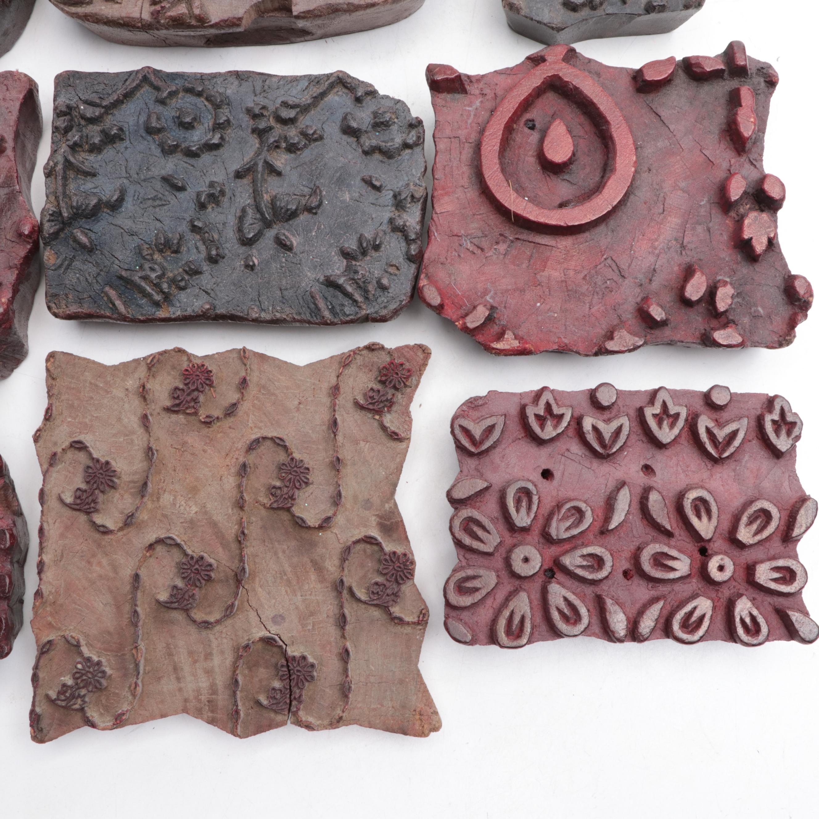 12 Hand-Carved Wooden Fabric Print Block Fragments Wall Décor
