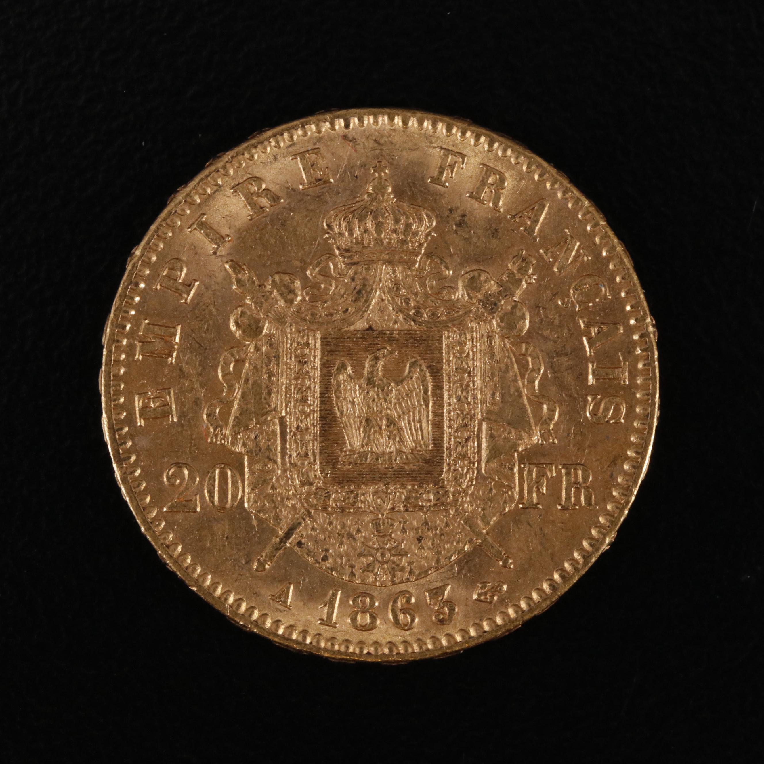 1863-A France Twenty Francs Gold Coin