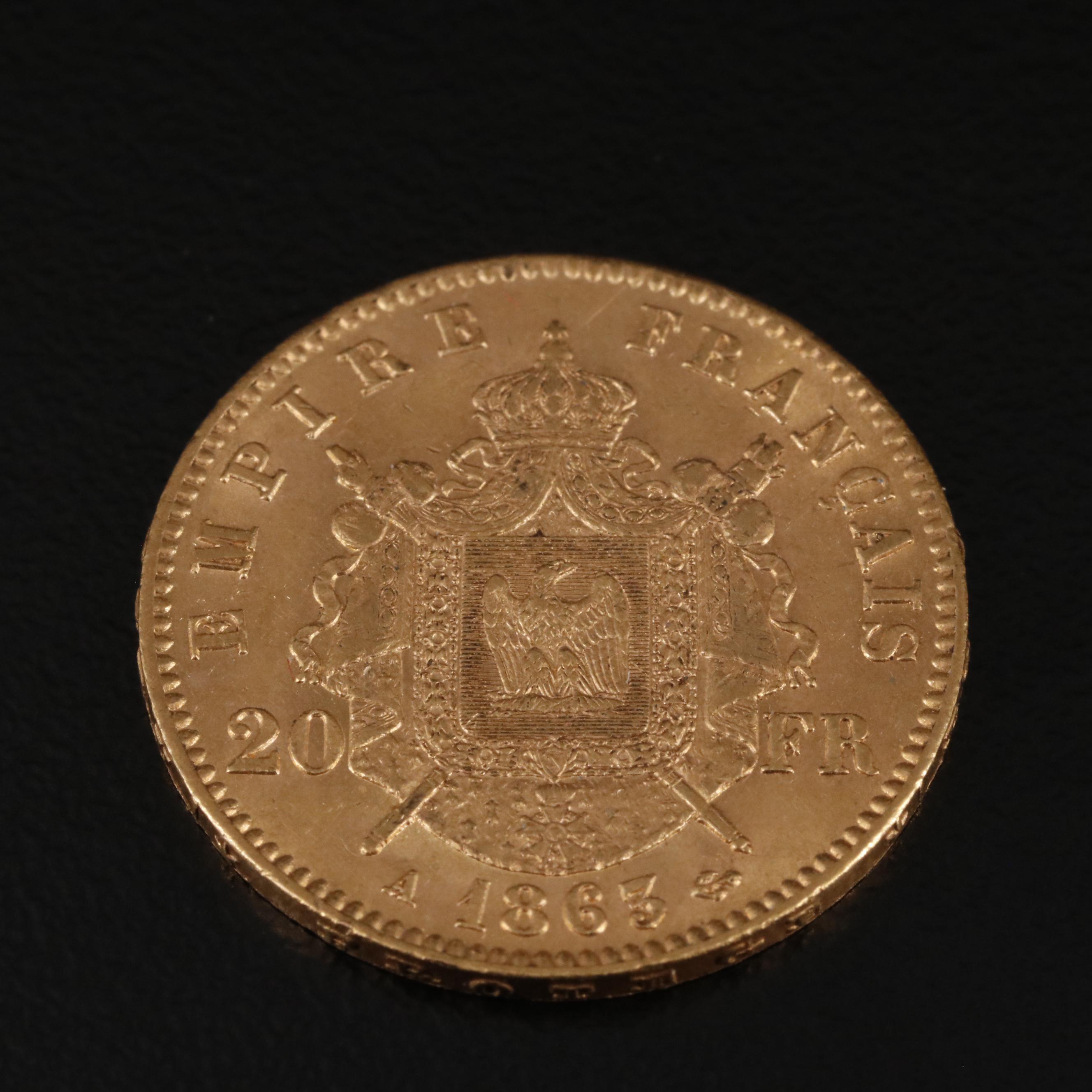 1863-A France Twenty Francs Gold Coin