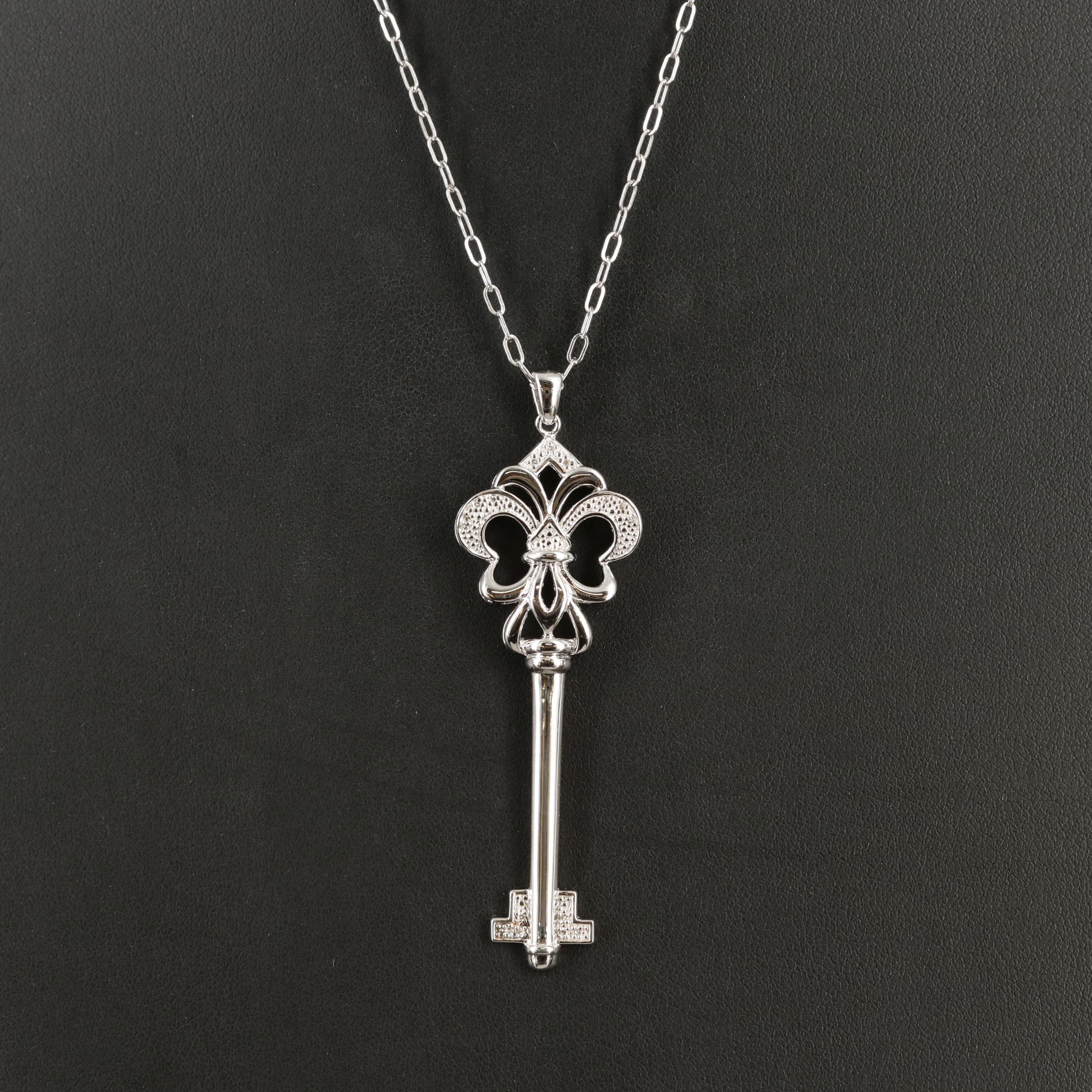 Sterling Diamond Fleur-de-Lis Key Pendant Necklace