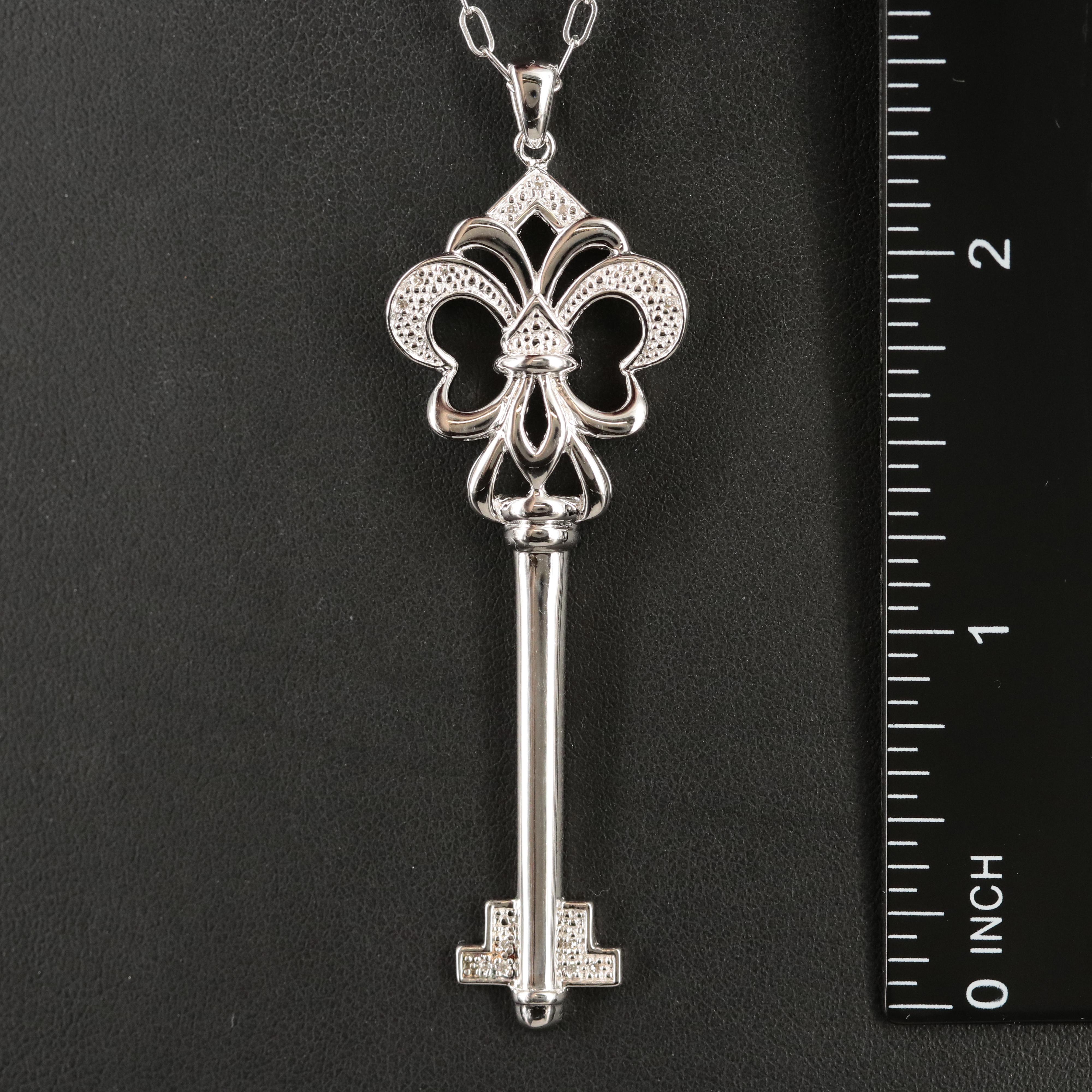 Sterling Diamond Fleur-de-Lis Key Pendant Necklace